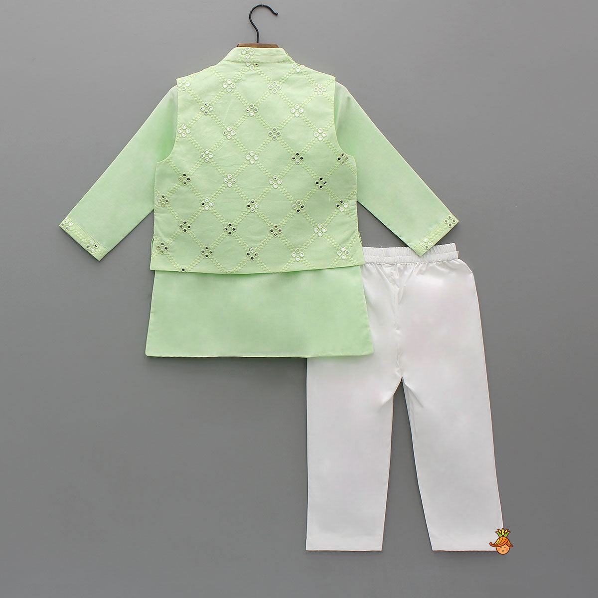Ethnic Kurta With Faux Mirror Work Jacket And Pyjama