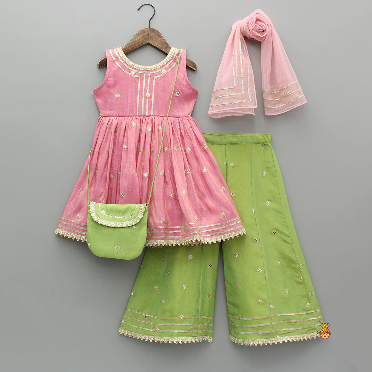 Pre Order: Beautiful Shimmery Kurti With Shimmery Palazzo And Dupatta With Sling Bag