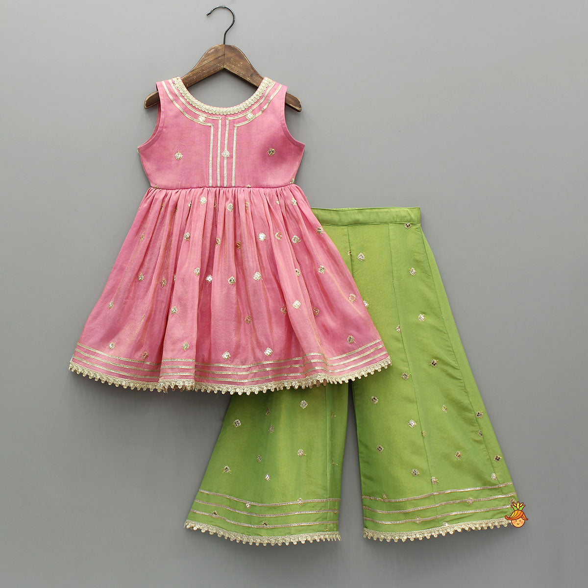 Pre Order: Beautiful Shimmery Kurti With Shimmery Palazzo And Dupatta With Sling Bag