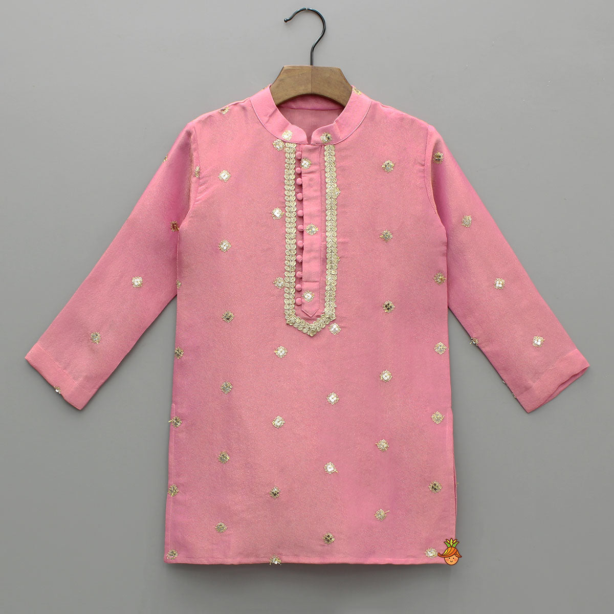 Pre Order: Shimmery Faux Mirror Embroidered Pink Kurta With Pyjama
