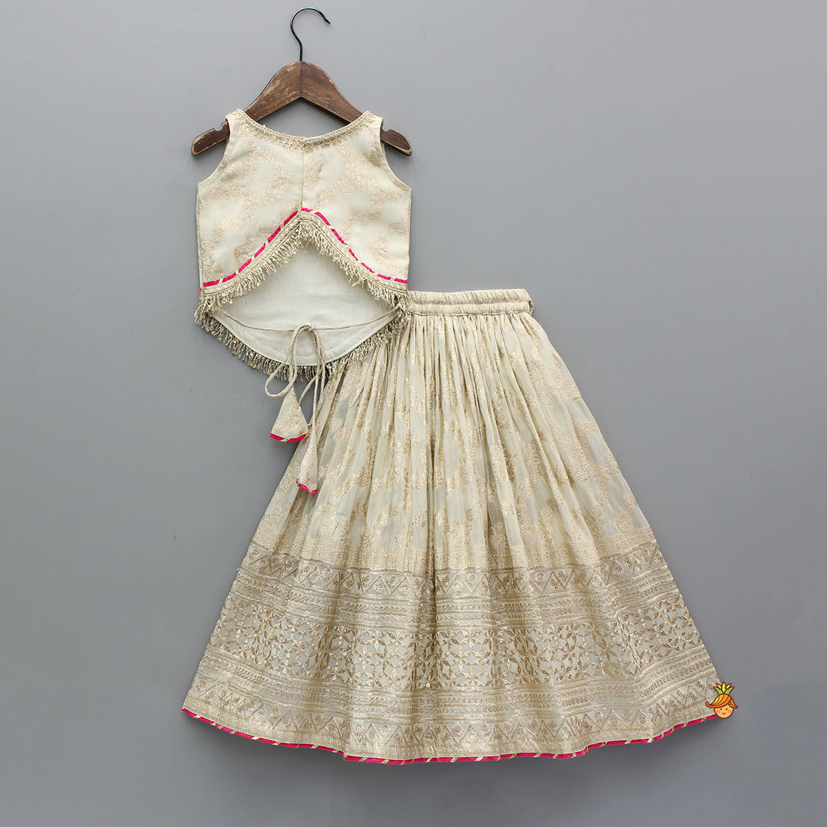Pre Order: Lace Adorned Floral Sleeveless Top With Sequin Detailed Lehenga