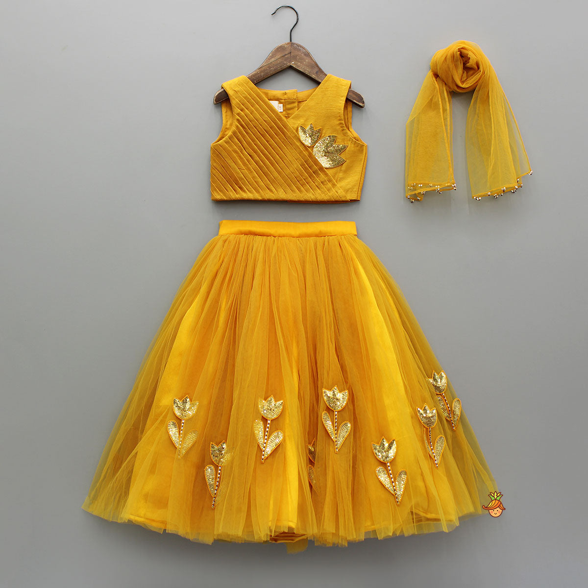 Pre Order: Sequins Embroidered Pleat Detailed Top With Tulle Lehenga And Dupatta