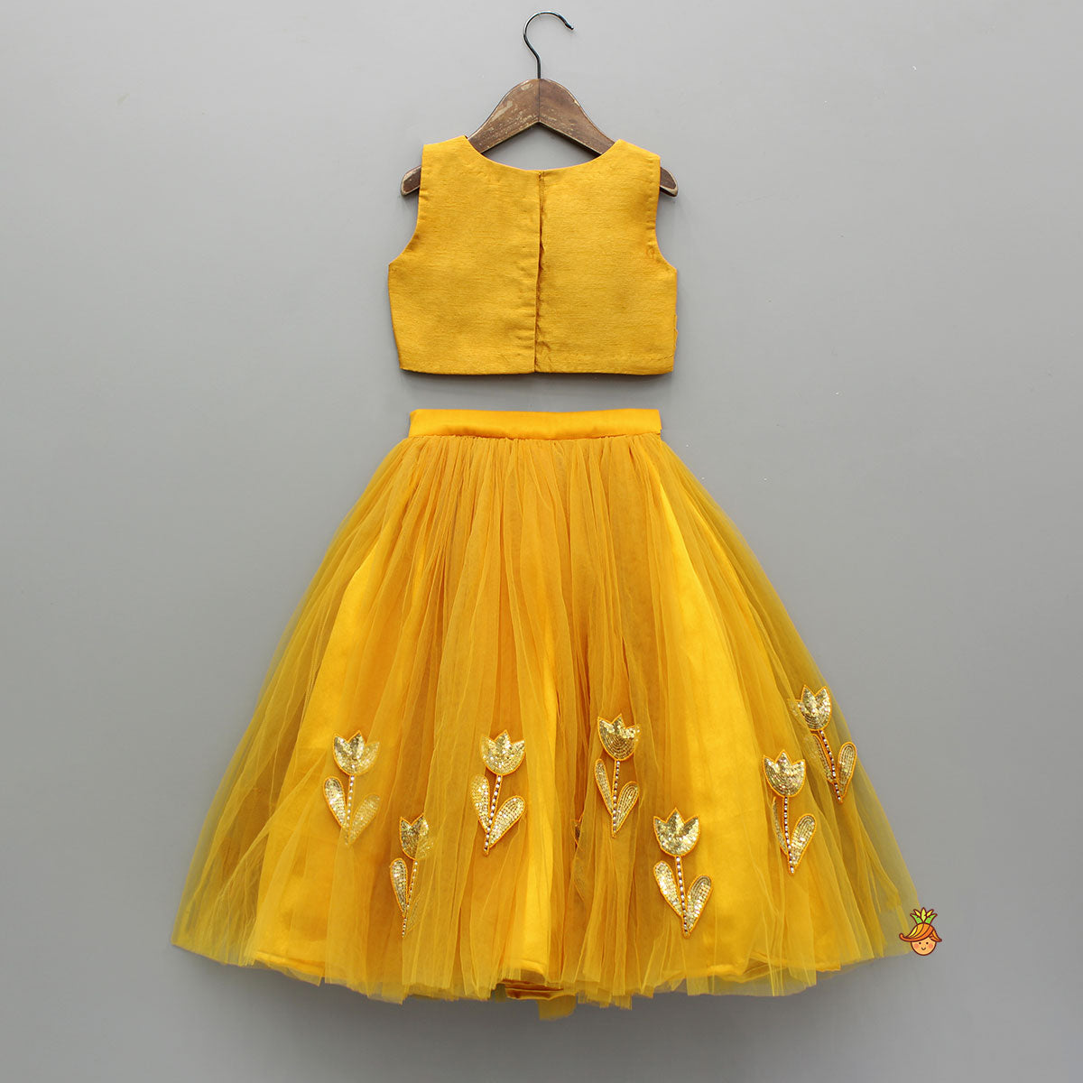 Pre Order: Sequins Embroidered Pleat Detailed Top With Tulle Lehenga And Dupatta