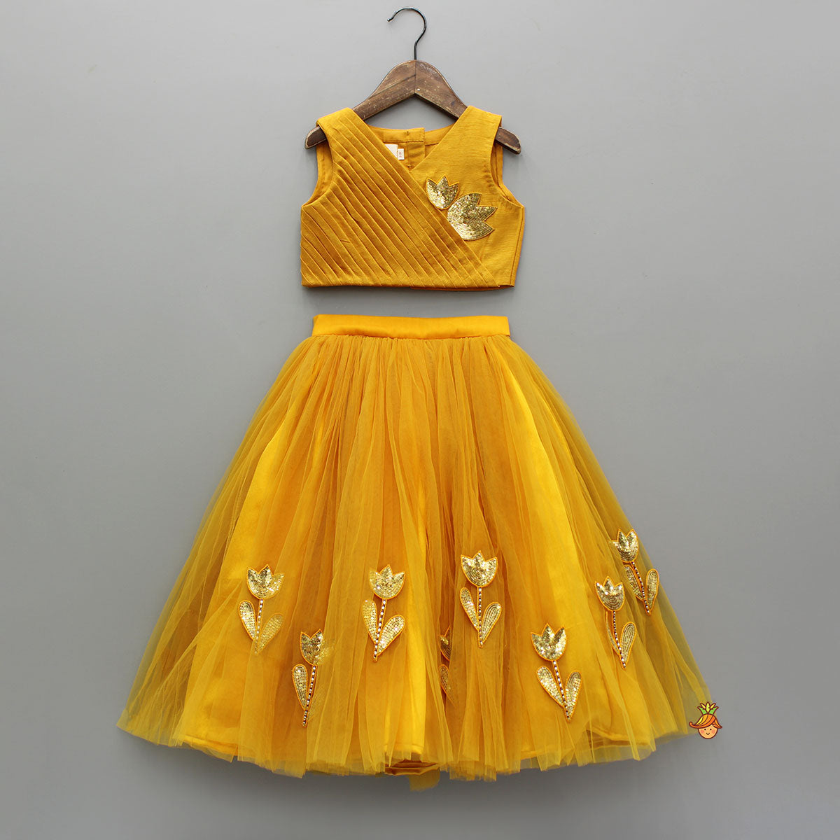 Pre Order: Sequins Embroidered Pleat Detailed Top With Tulle Lehenga And Dupatta