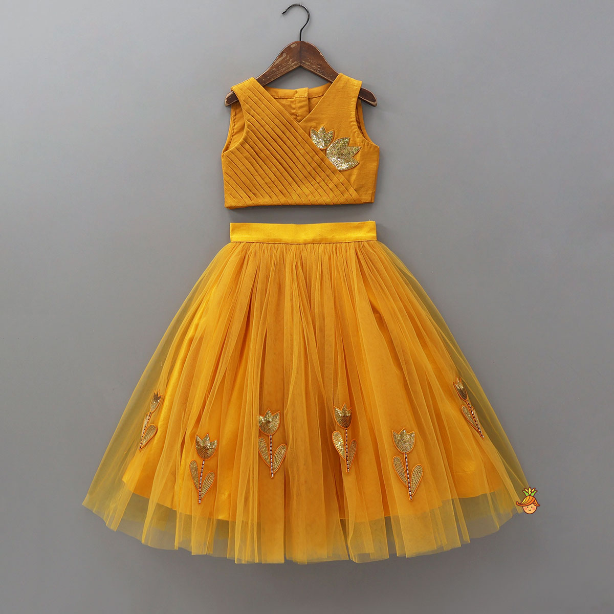 Pre Order: Sequins Embroidered Pleat Detailed Top With Tulle Lehenga And Dupatta
