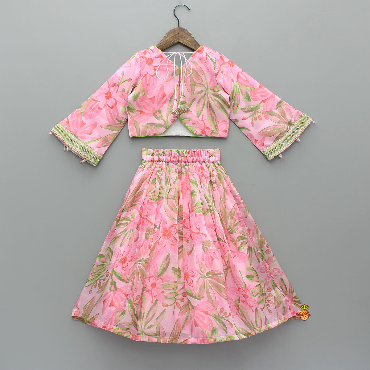 Pre Order: Floral Printed Lace Work Top With Matching Lehenga And Net Dupatta