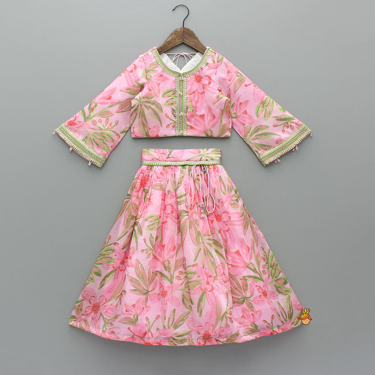 Pre Order: Floral Printed Lace Work Top With Matching Lehenga And Net Dupatta