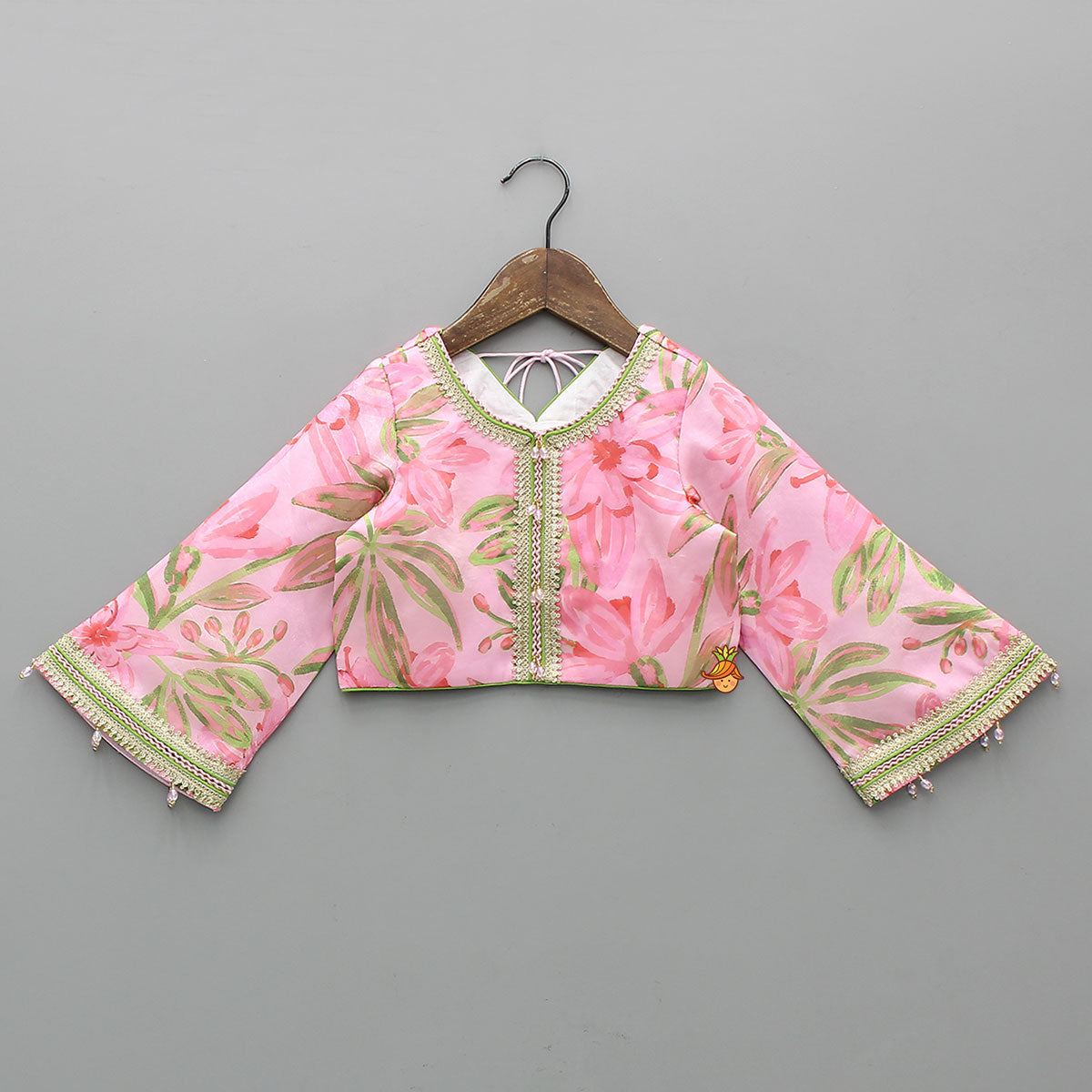 Pre Order: Floral Printed Lace Work Top With Matching Lehenga And Net Dupatta
