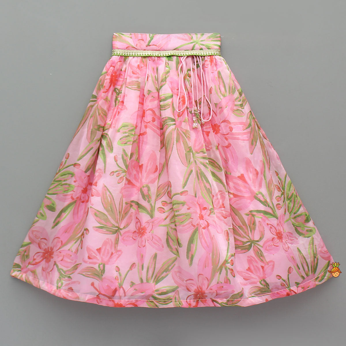 Pre Order: Floral Printed Lace Work Top With Matching Lehenga And Net Dupatta