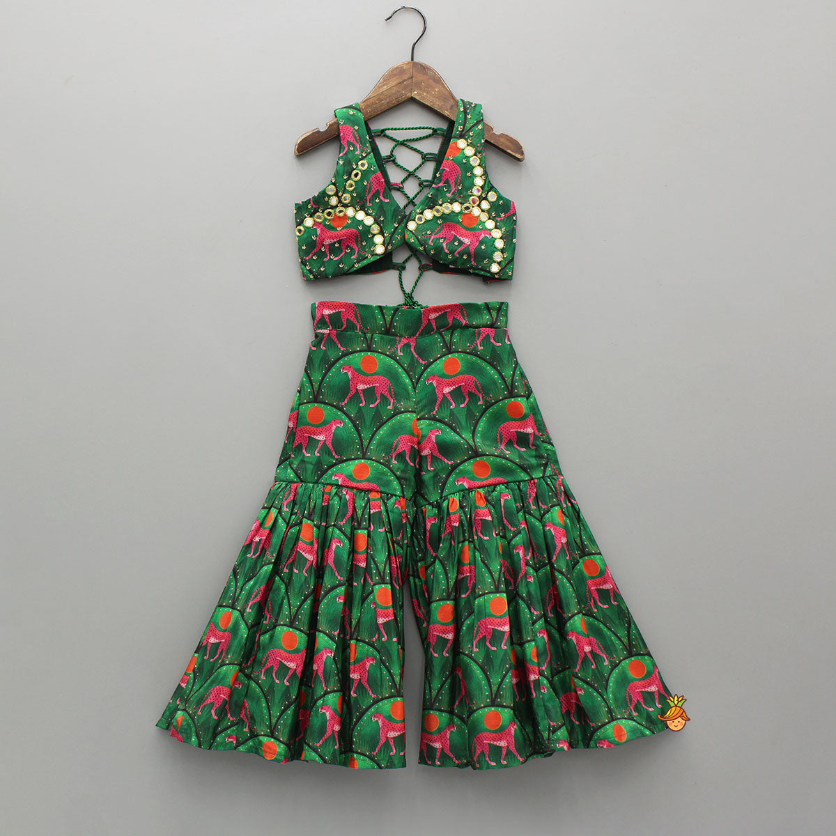 Pre Order: Green Printed Stylish Crop Top With Sharara