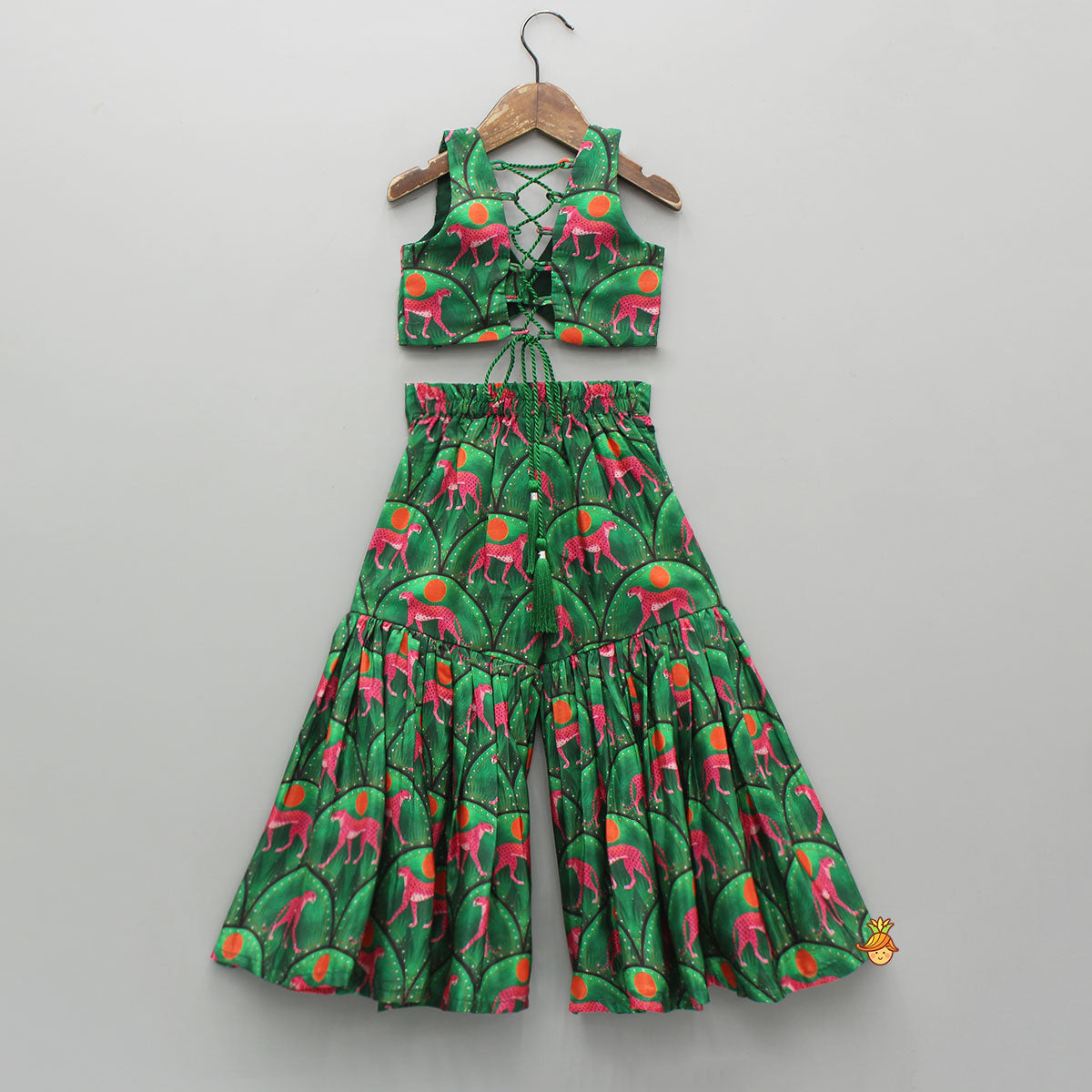 Pre Order: Green Printed Stylish Crop Top With Sharara