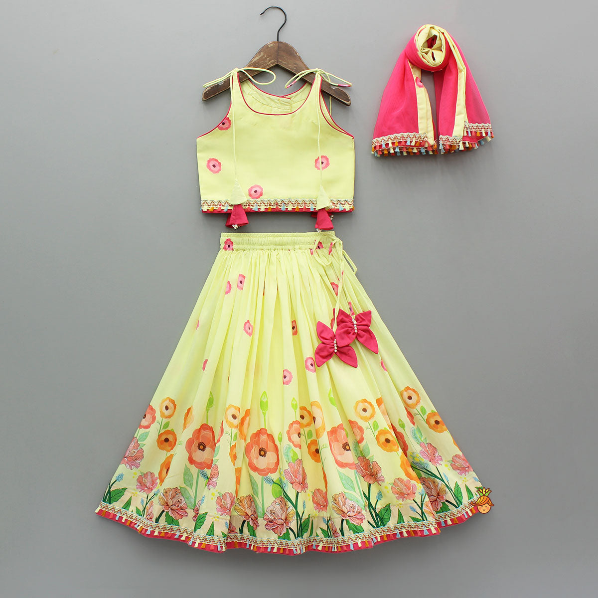 Pre Order: Yellow Floral Printed Tie Up Top With Matching Lehenga And Dupatta