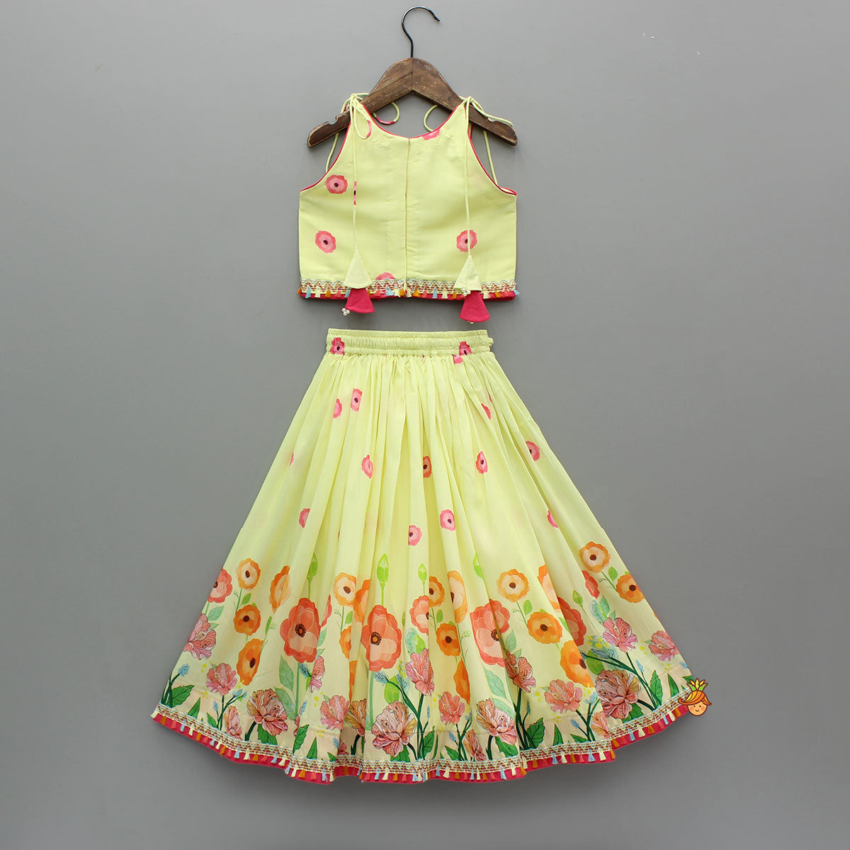 Pre Order: Yellow Floral Printed Tie Up Top With Matching Lehenga And Dupatta