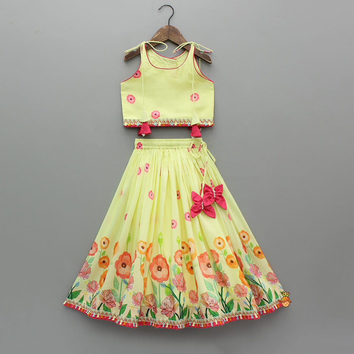 Pre Order: Yellow Floral Printed Tie Up Top With Matching Lehenga And Dupatta