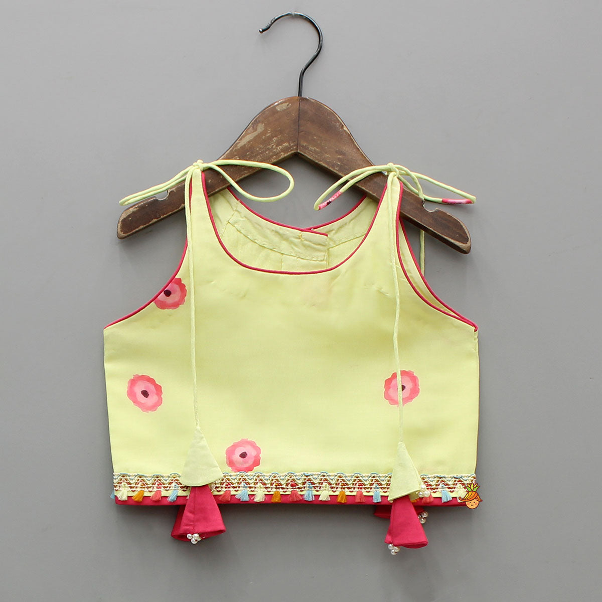 Pre Order: Yellow Floral Printed Tie Up Top With Matching Lehenga And Dupatta