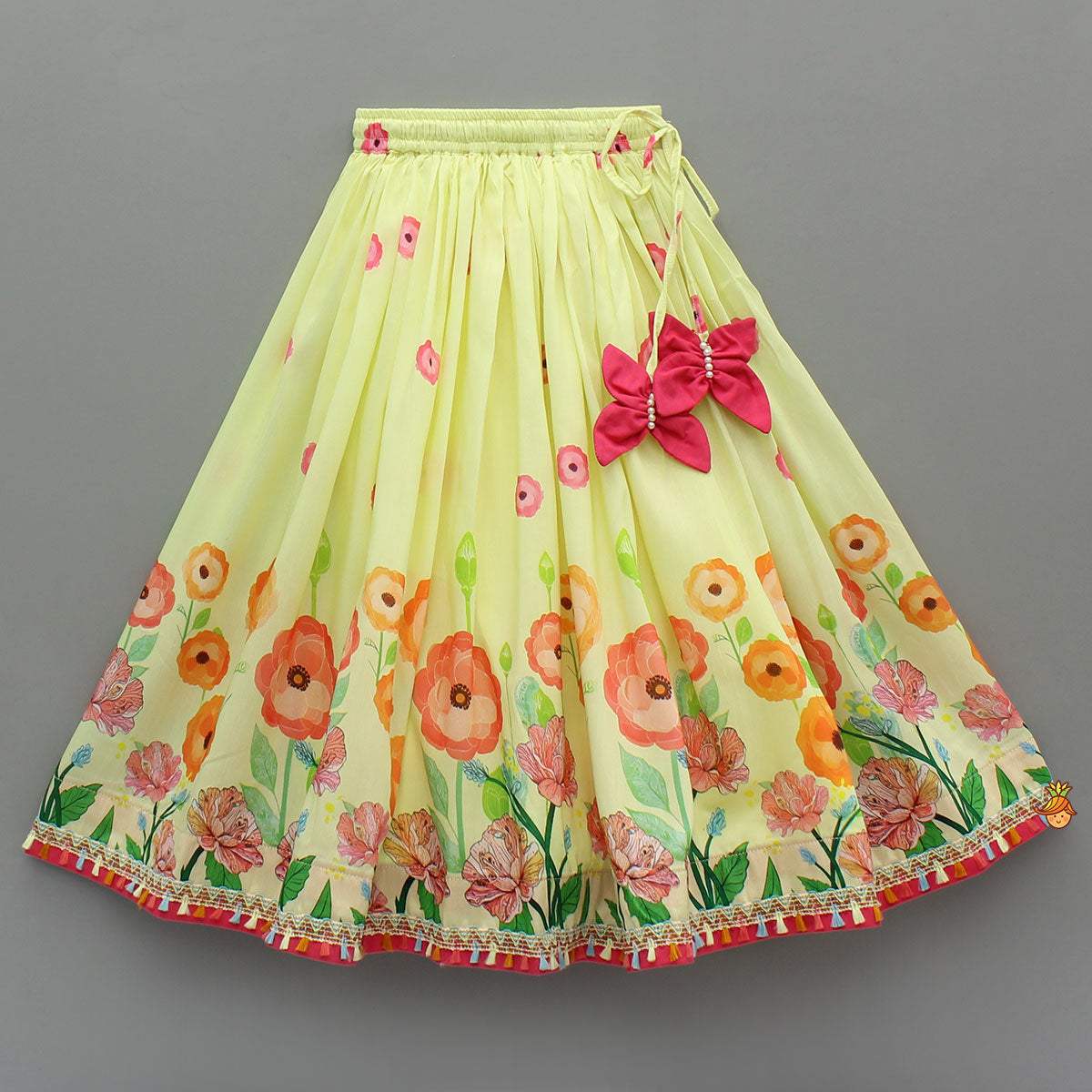 Pre Order: Yellow Floral Printed Tie Up Top With Matching Lehenga And Dupatta