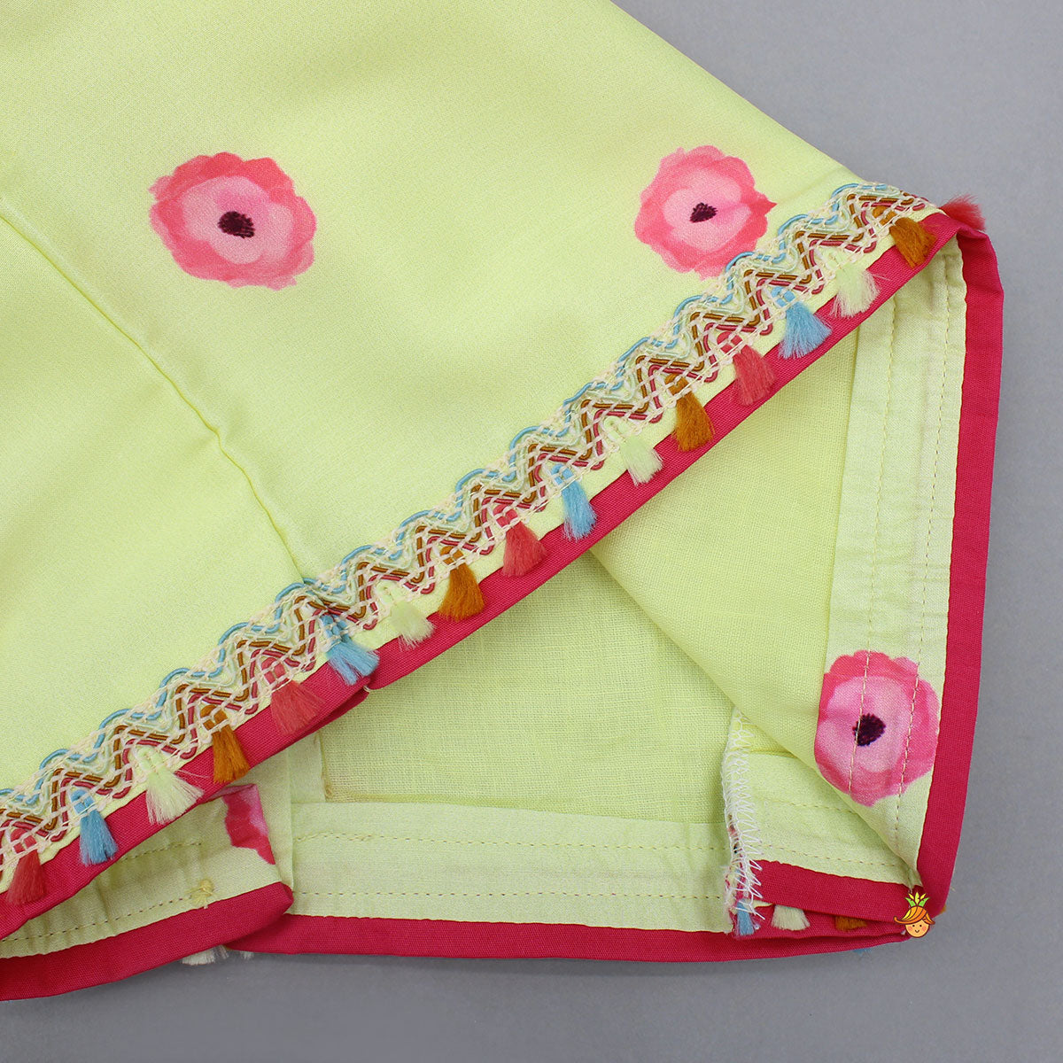 Pre Order: Yellow Floral Printed Tie Up Top With Matching Lehenga And Dupatta