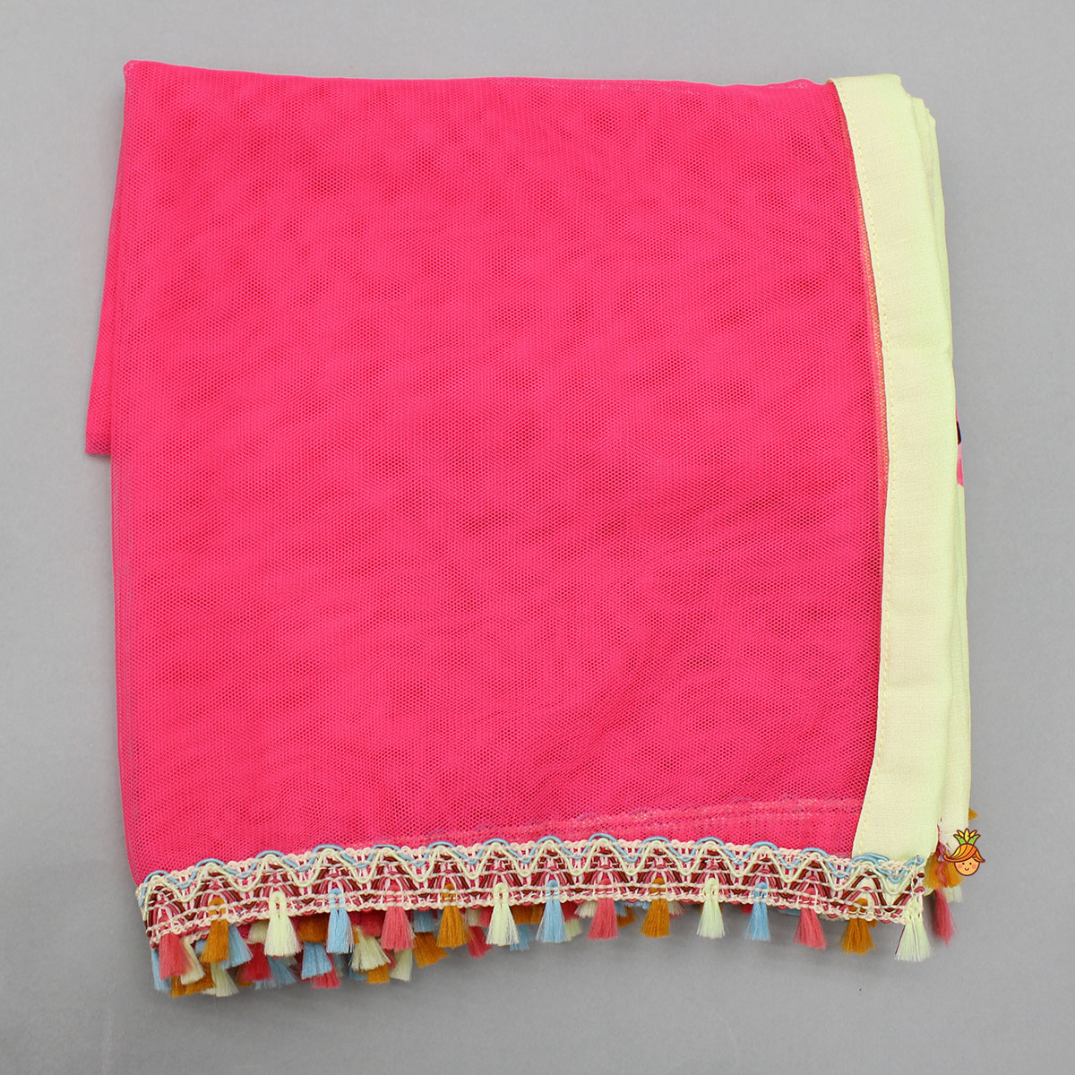 Pre Order: Yellow Floral Printed Tie Up Top With Matching Lehenga And Dupatta