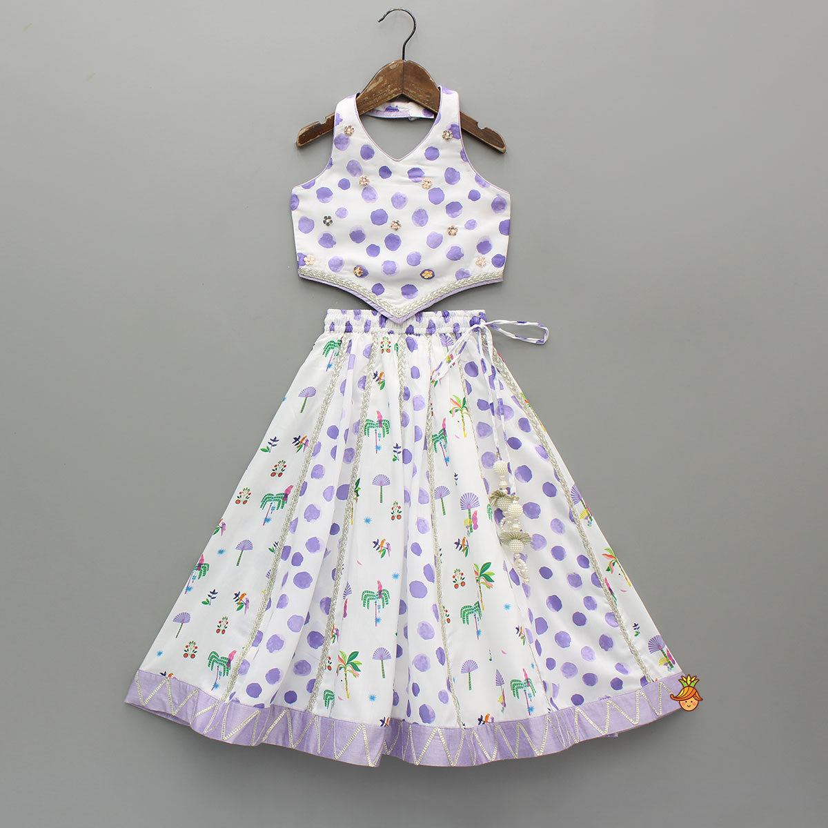 Pre Order: Watery Polka Dots Top With Matching Lehenga And Dupatta