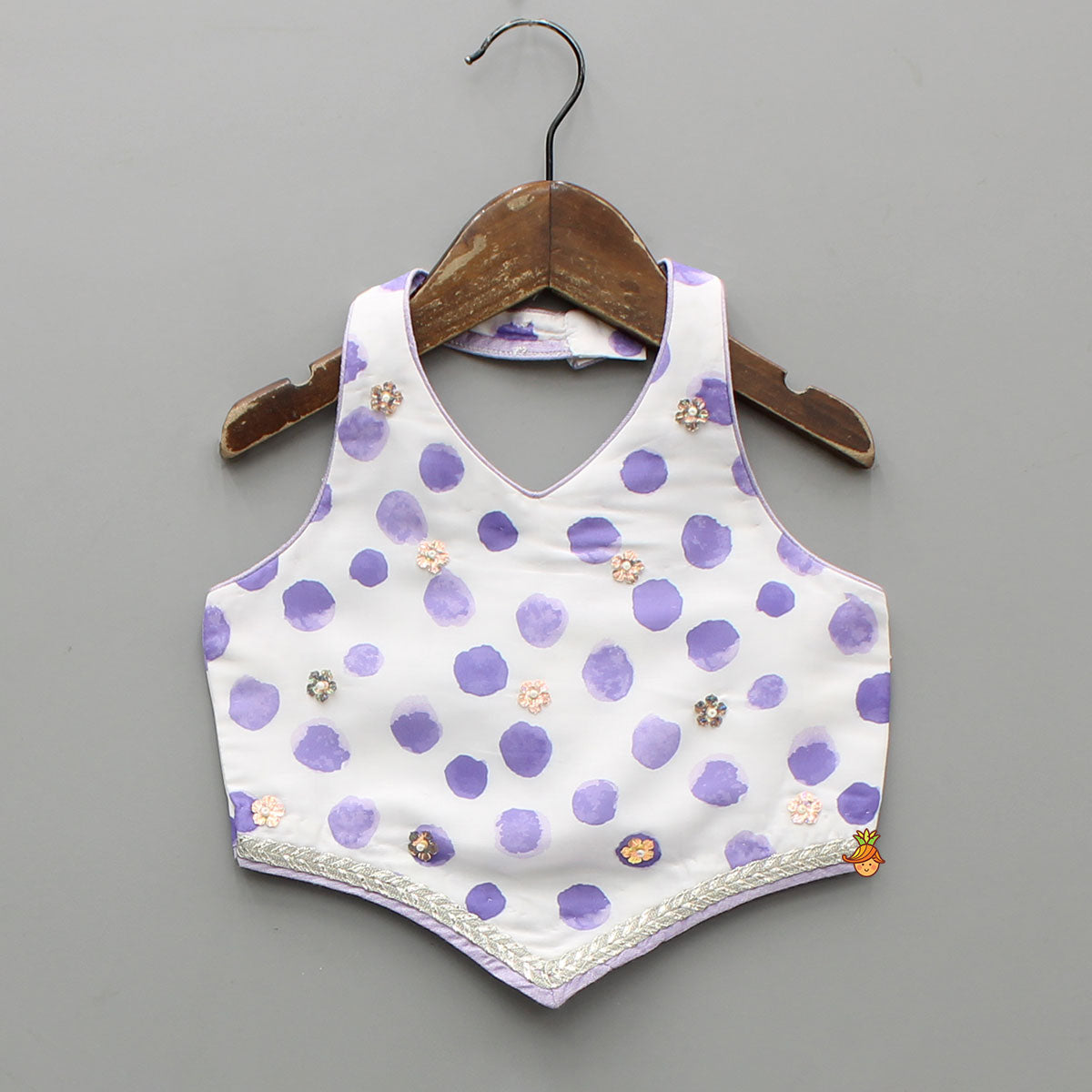 Pre Order: Watery Polka Dots Top With Matching Lehenga And Dupatta