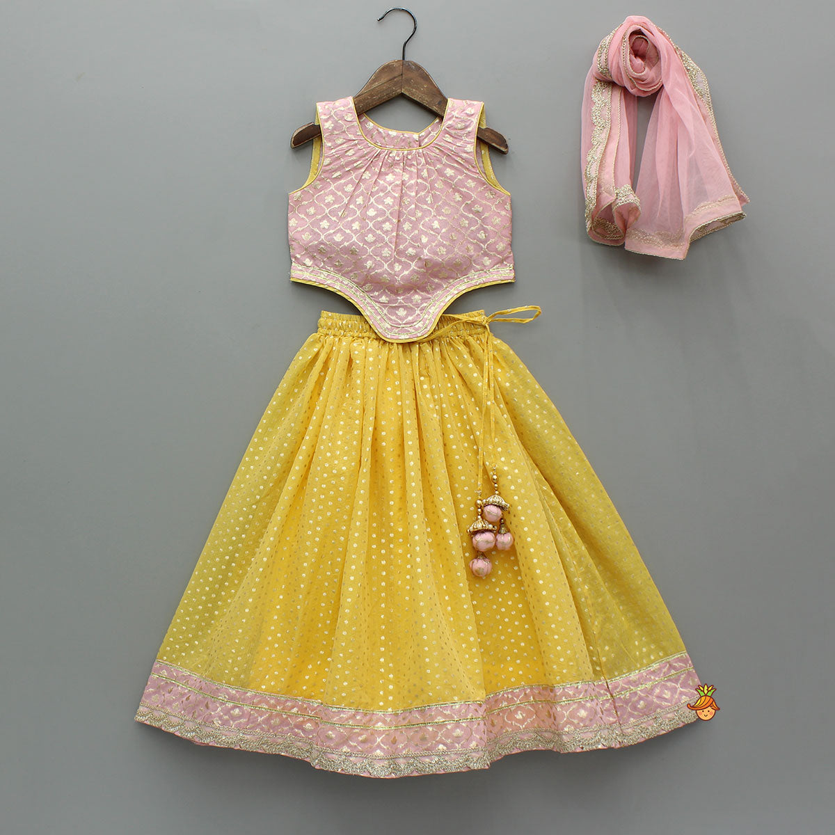 Pre Order: Pink Brocade Top With Yellow Chanderi Lehenga And Dupatta