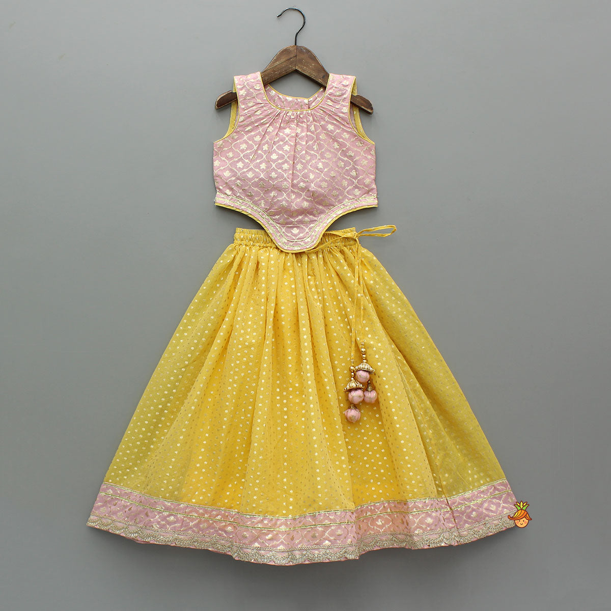 Pre Order: Pink Brocade Top With Yellow Chanderi Lehenga And Dupatta