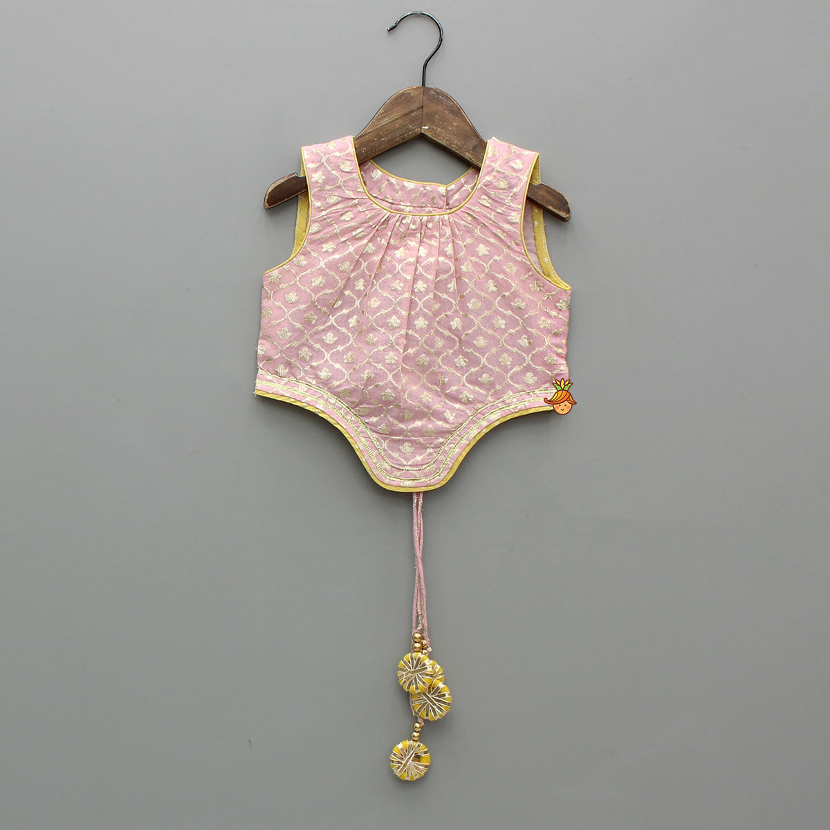 Pre Order: Pink Brocade Top With Yellow Chanderi Lehenga And Dupatta