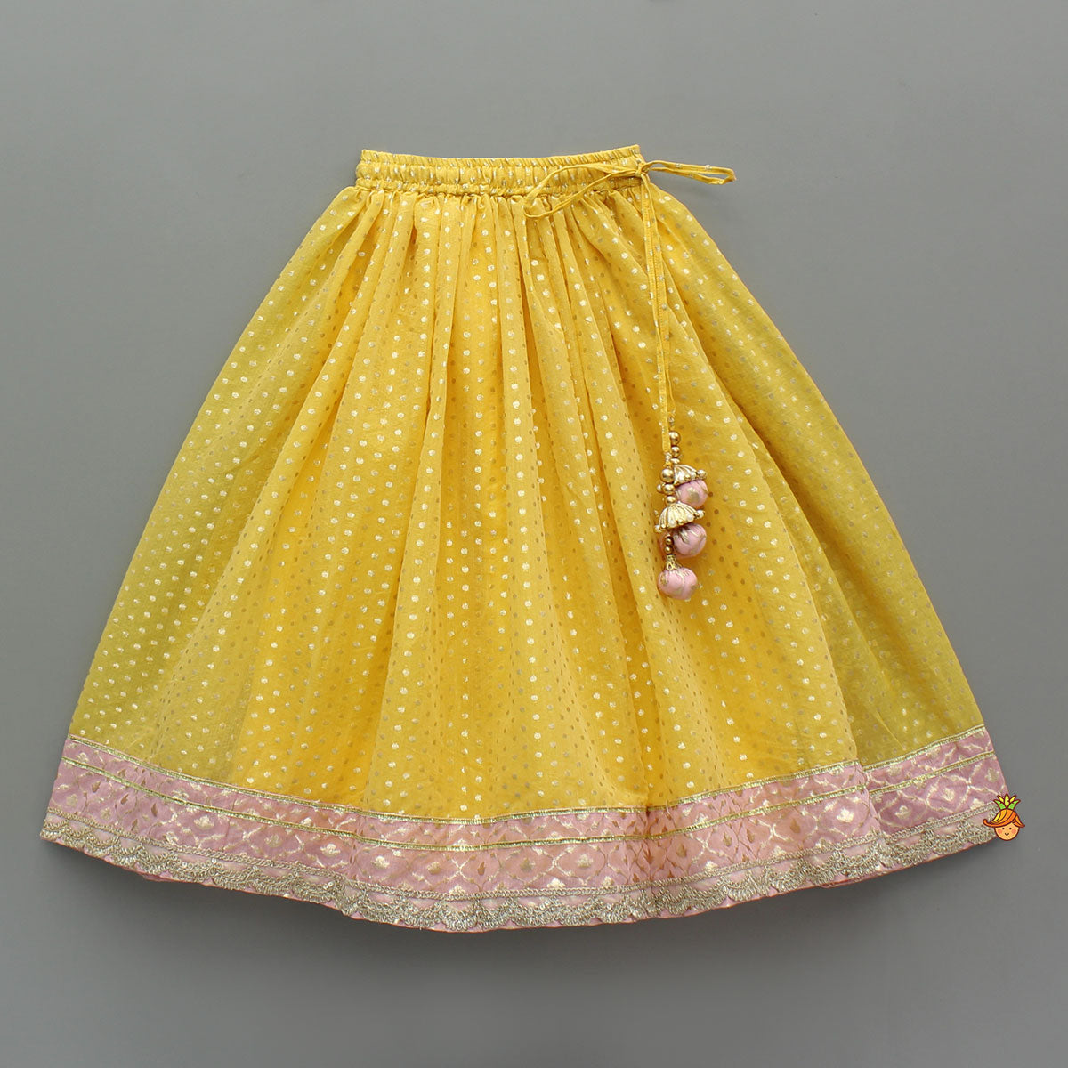 Pre Order: Pink Brocade Top With Yellow Chanderi Lehenga And Dupatta