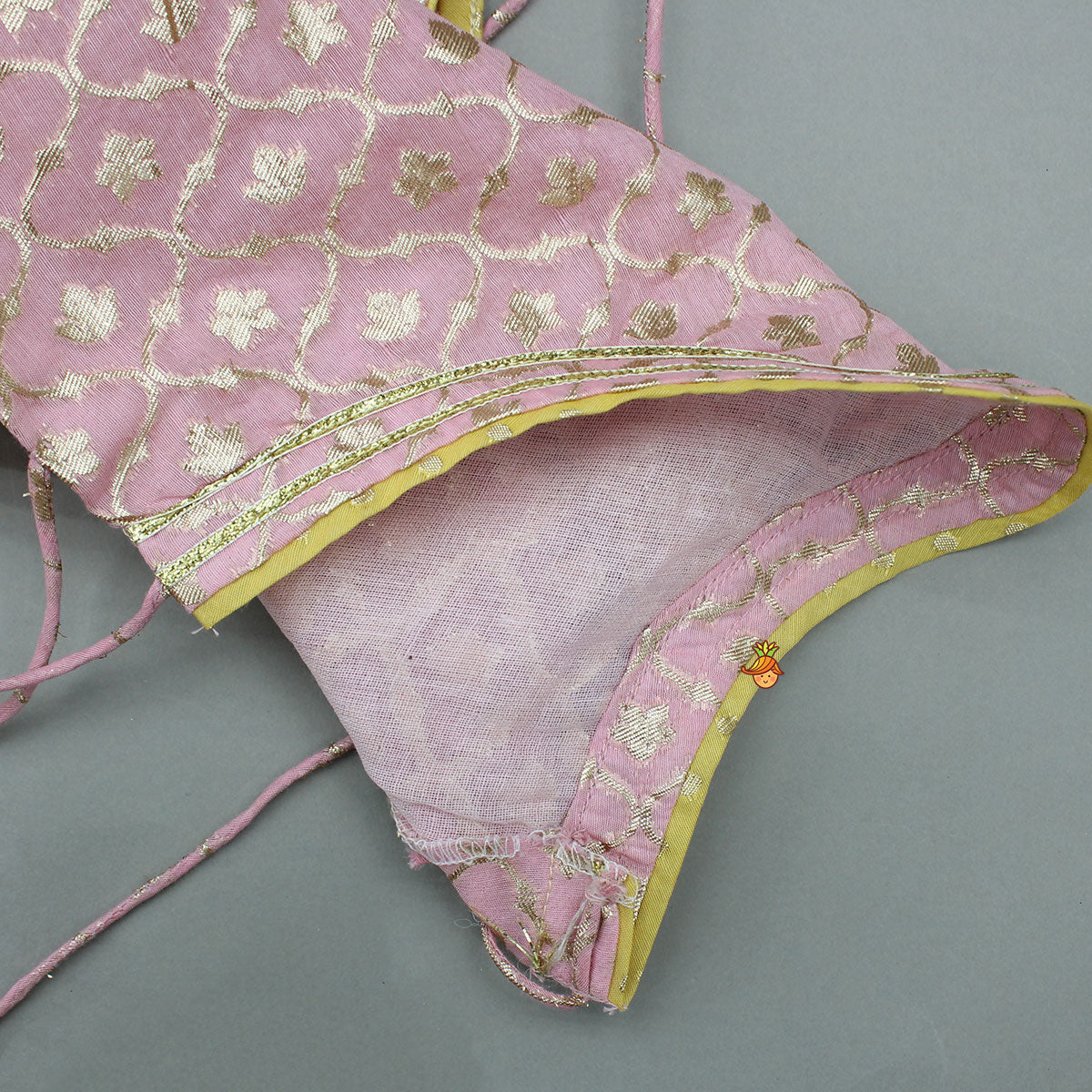 Pre Order: Pink Brocade Top With Yellow Chanderi Lehenga And Dupatta
