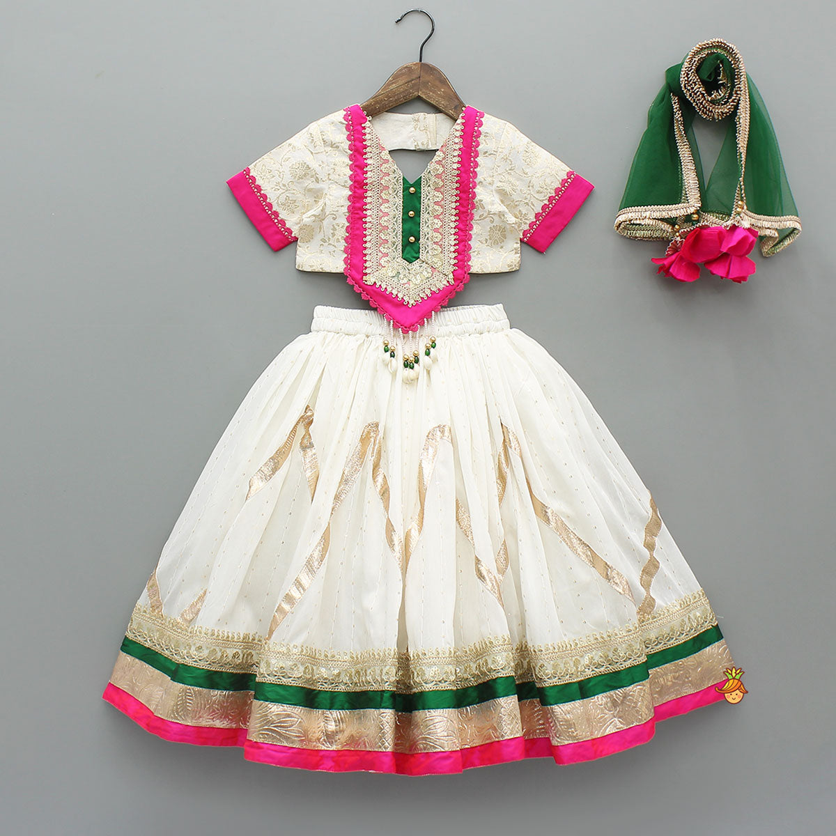 Pre Order: Off White Brocade Top With Lehenga And Dupatta