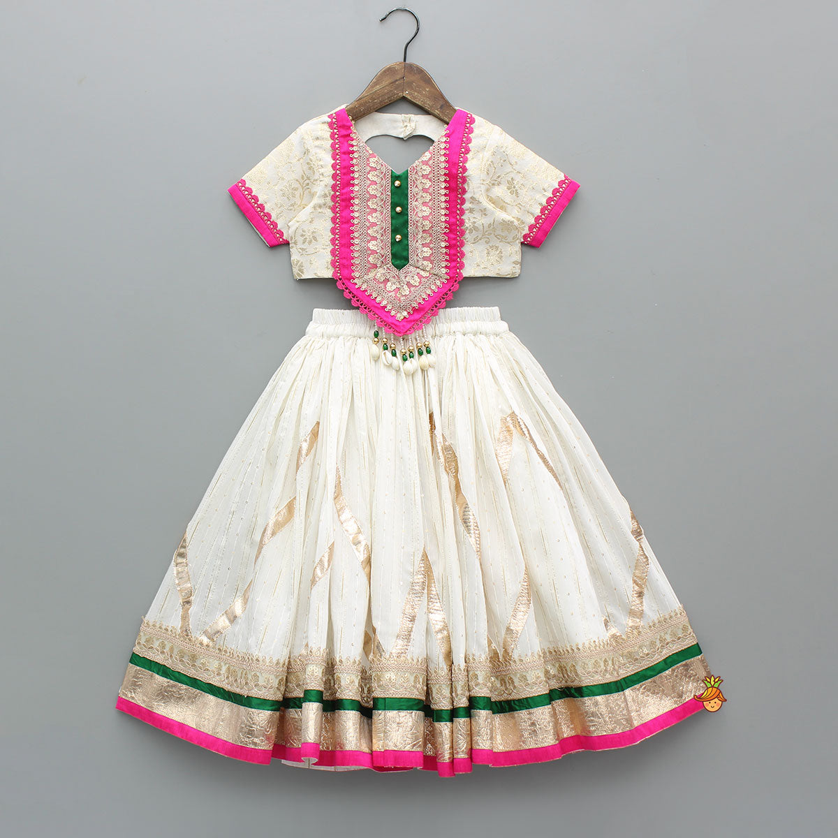 Pre Order: Off White Brocade Top With Lehenga And Dupatta