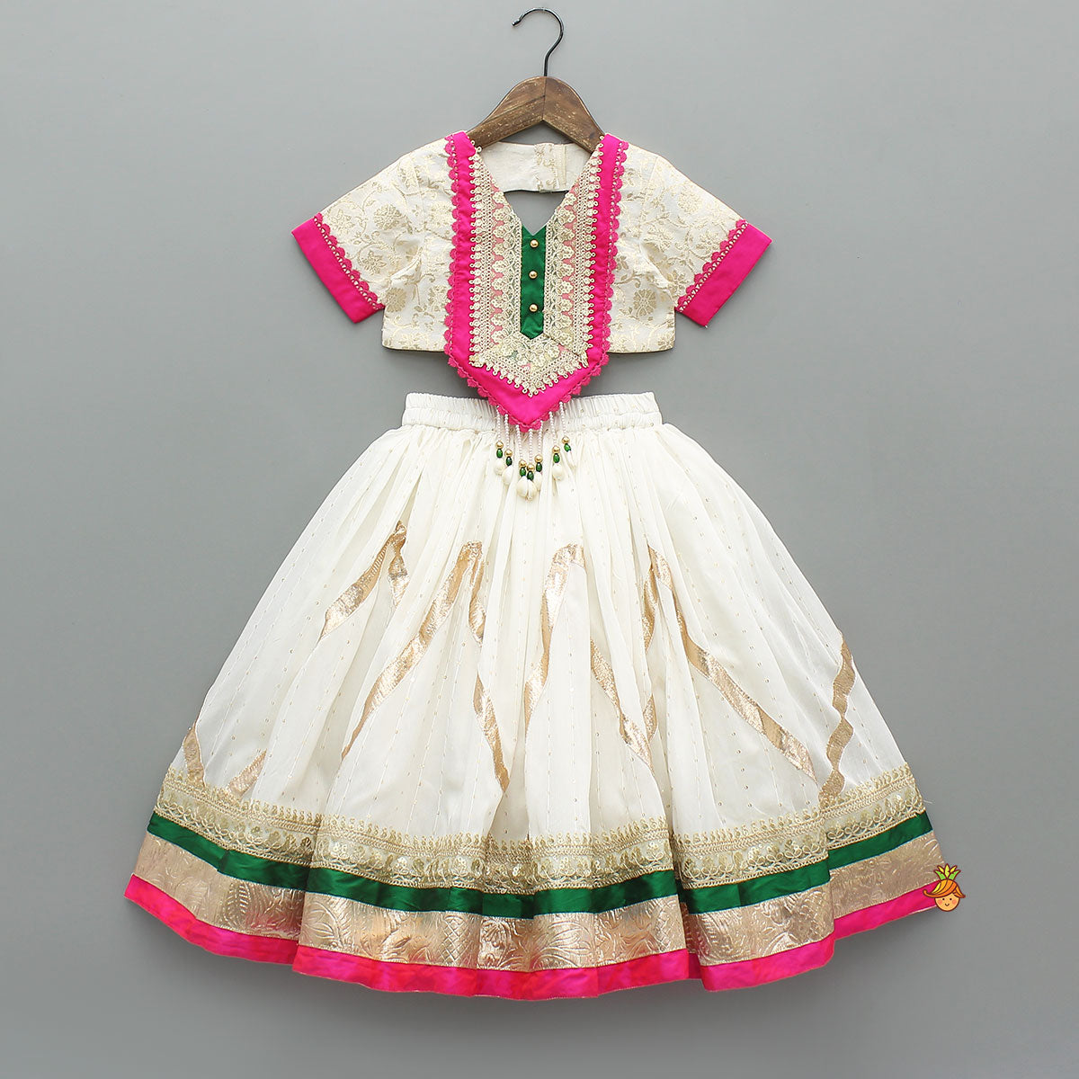 Pre Order: Off White Brocade Top With Lehenga And Dupatta