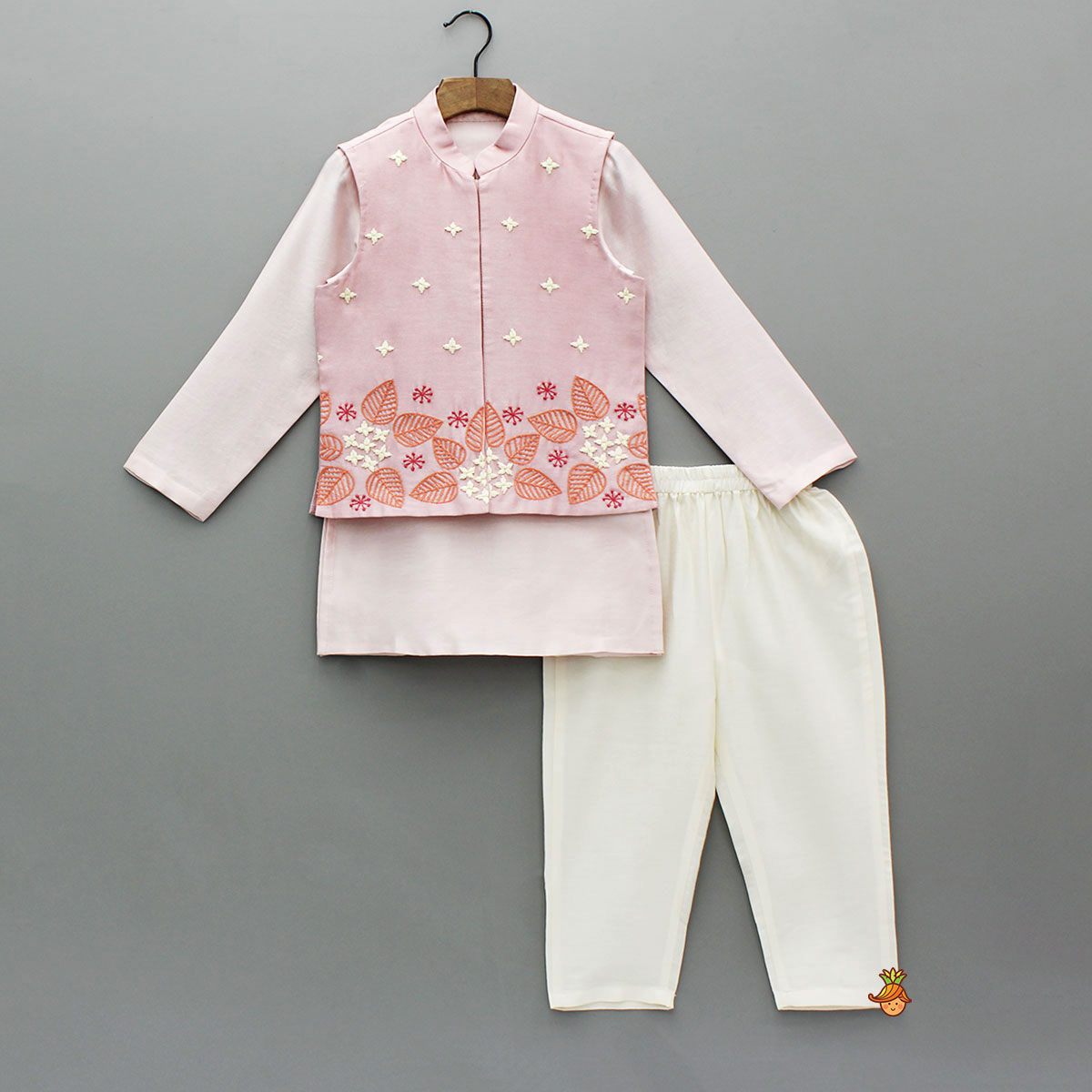 Pre Order: Pink Kurta With Hand Embroidered Jacket And Pyjama