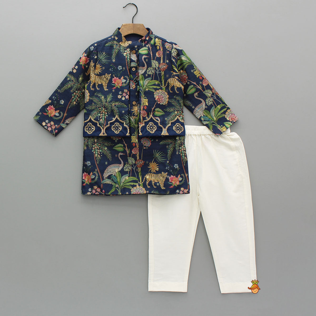 Pre Order: Jungle Printed Jacket Style Kurta With Pyjama