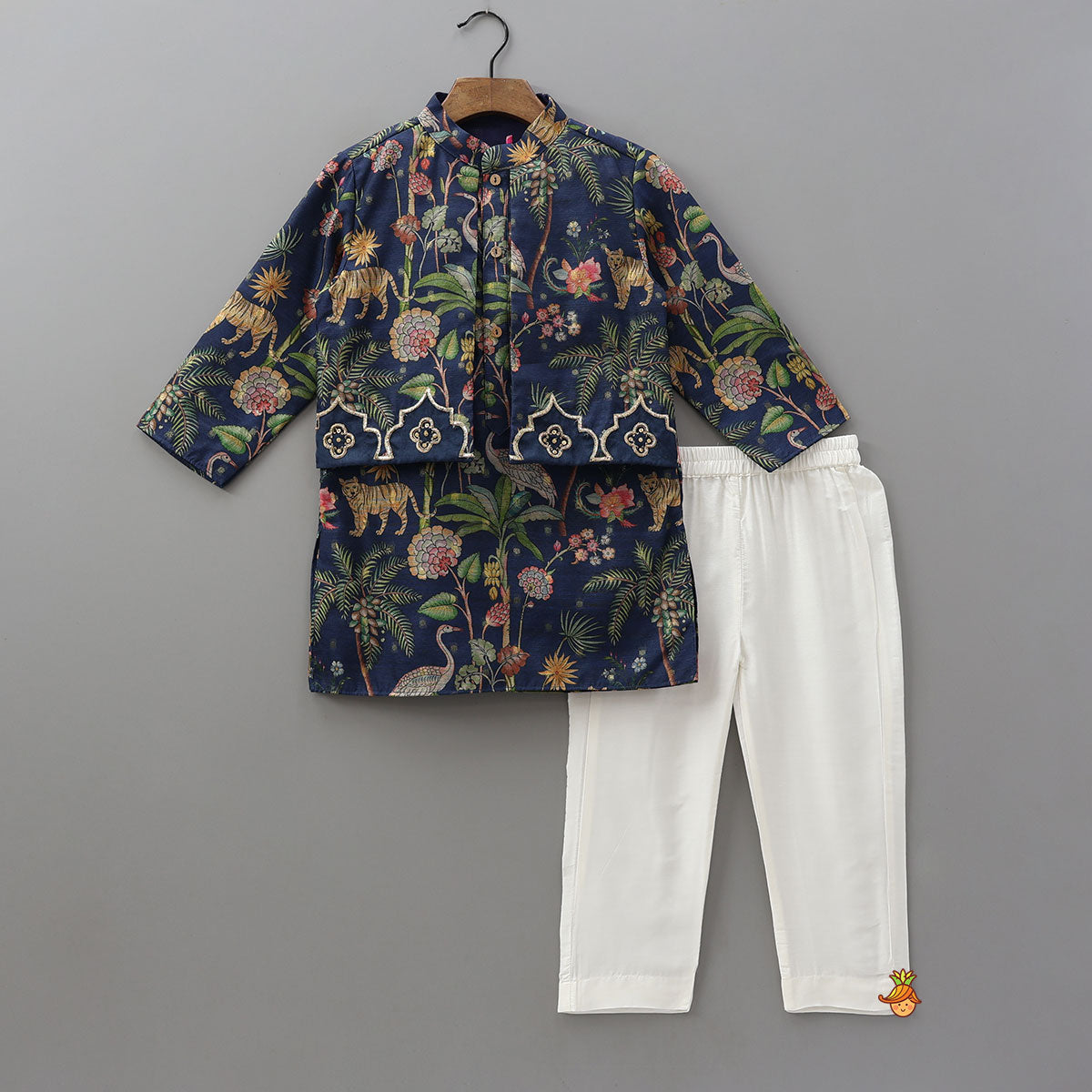 Pre Order: Jungle Printed Jacket Style Kurta With Pyjama