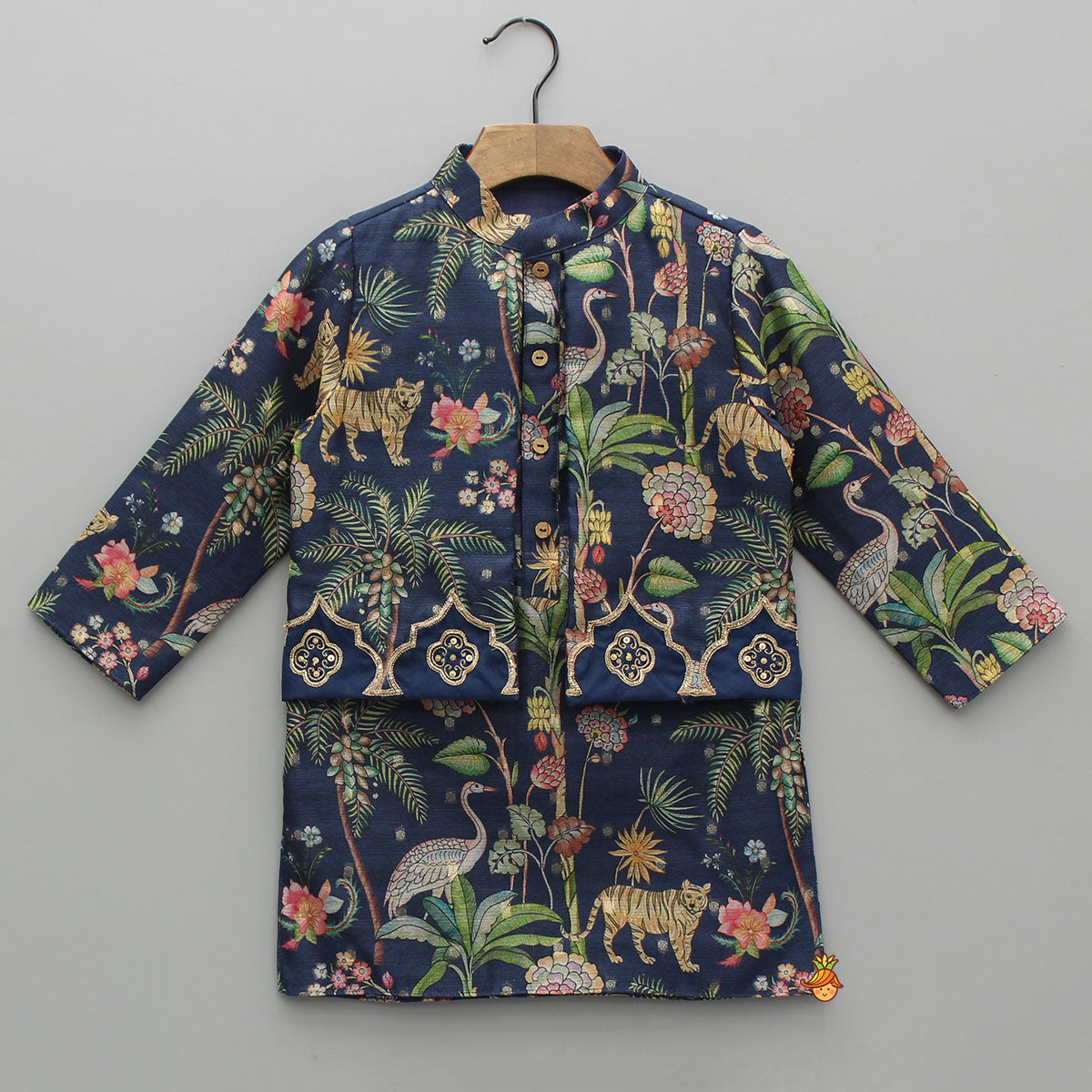 Pre Order: Jungle Printed Jacket Style Kurta With Pyjama
