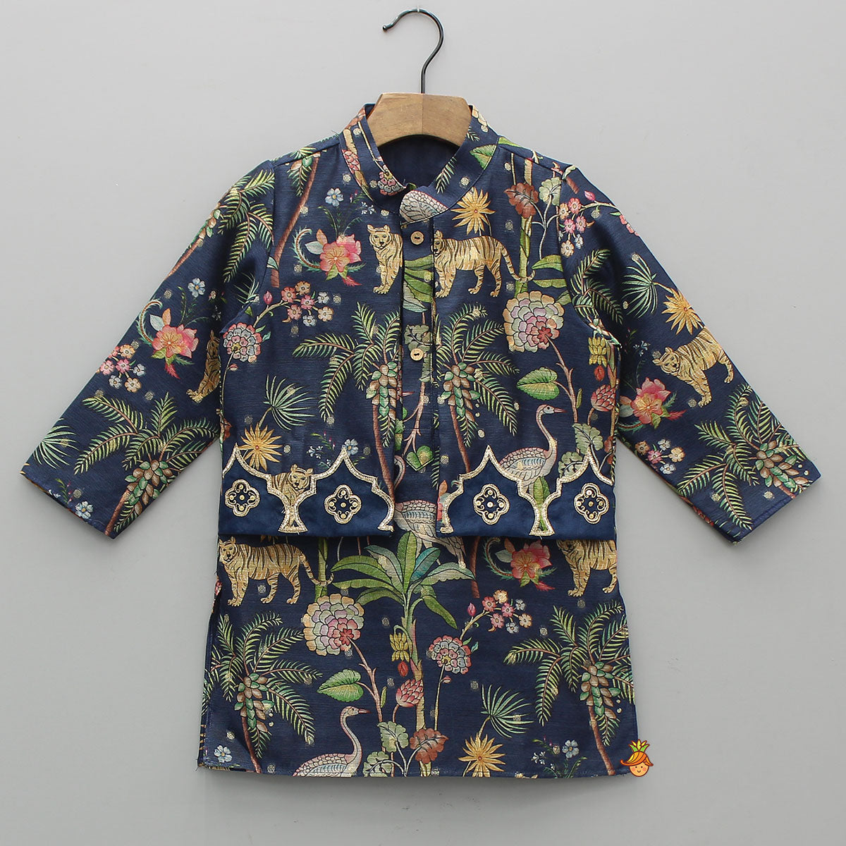 Pre Order: Jungle Printed Jacket Style Kurta With Pyjama