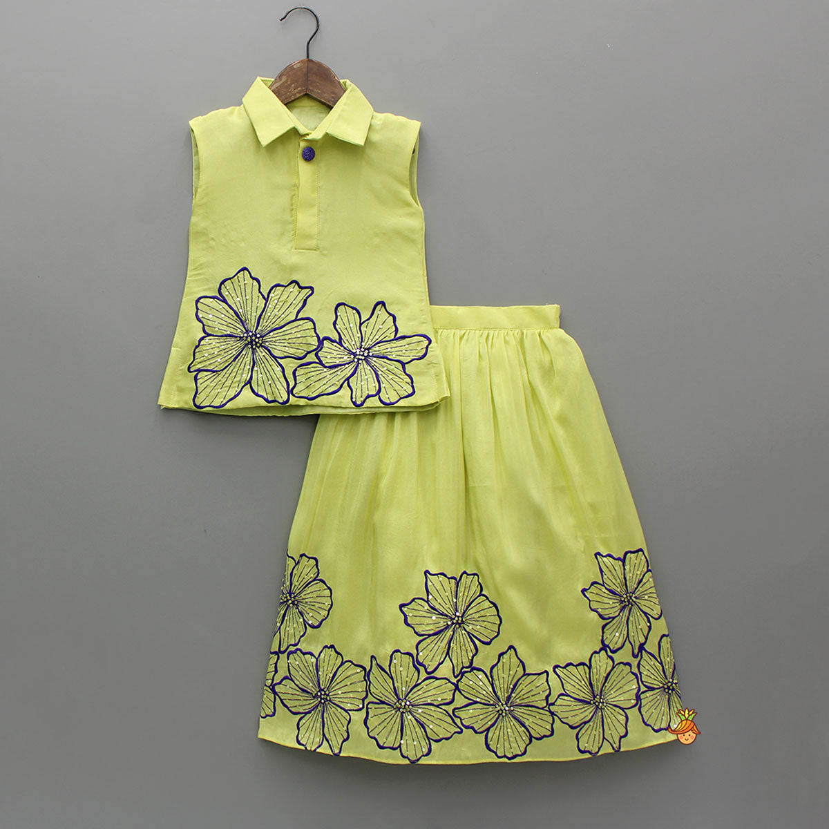 Pre Order: Floral Embroidered Shirt Style Top With Matching Lehenga
