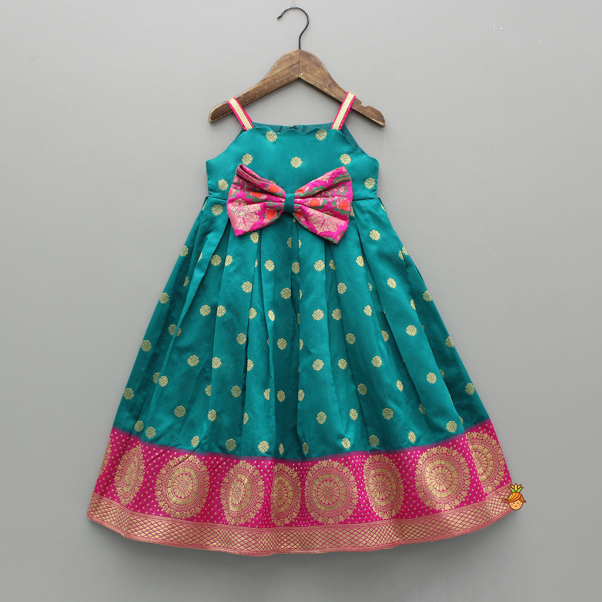 Pre Order: Strappy Brocade Dress With Pink Brocade Bow Detailing