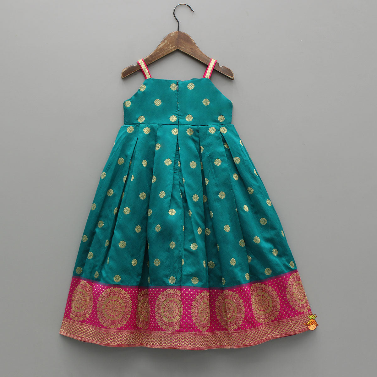 Pre Order: Strappy Brocade Dress With Pink Brocade Bow Detailing