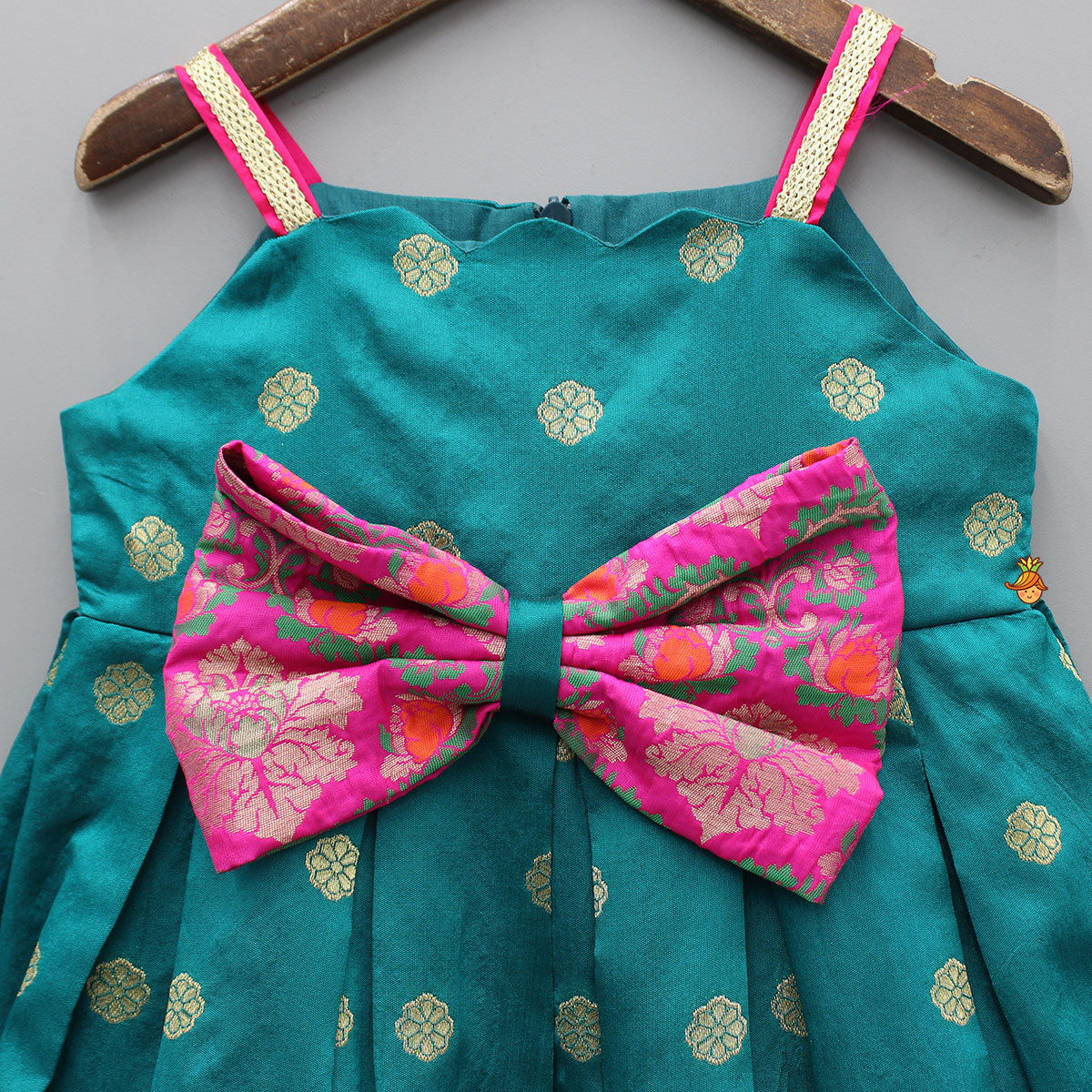 Pre Order: Strappy Brocade Dress With Pink Brocade Bow Detailing