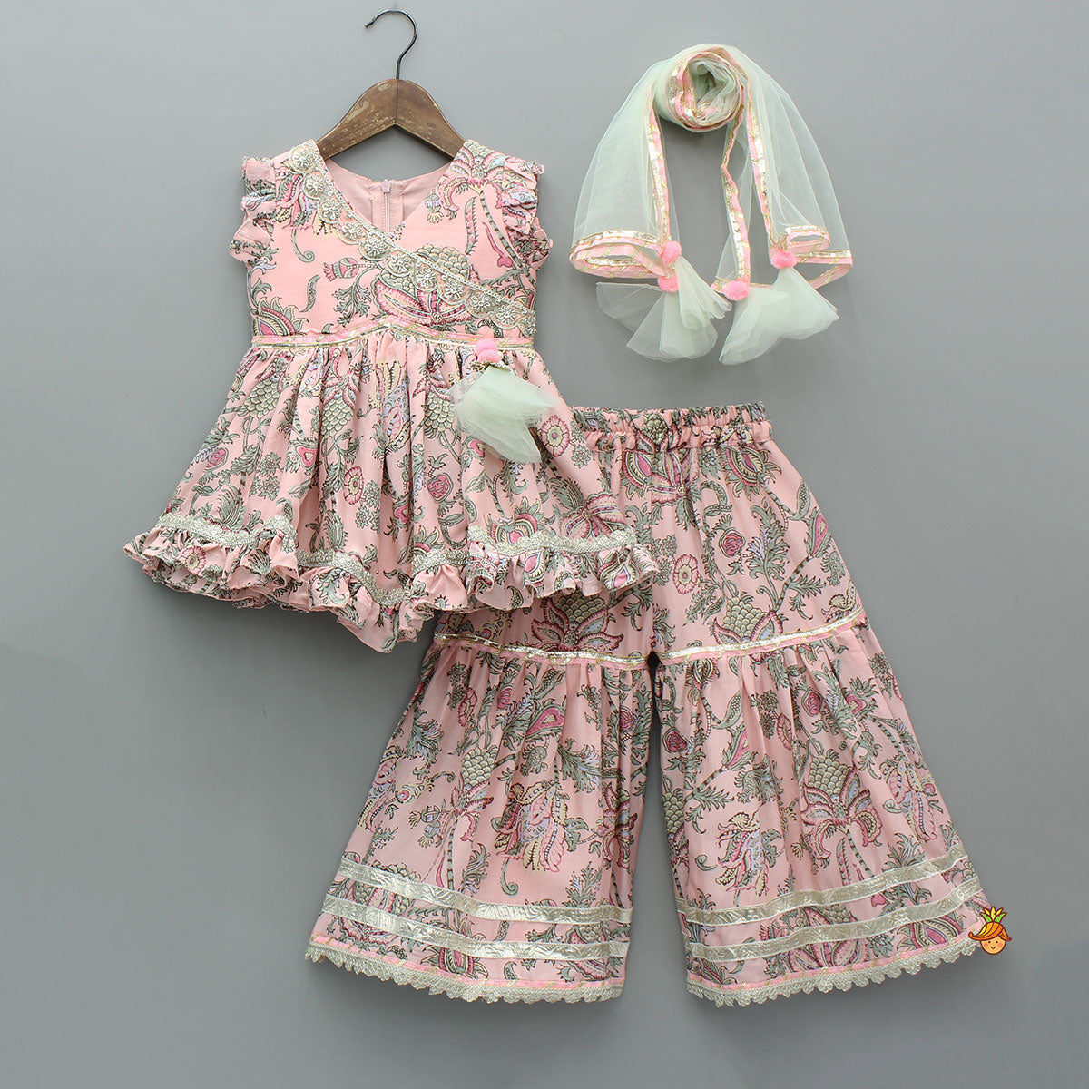 Pre Order: Printed Kurti With Sharara And Dupatta