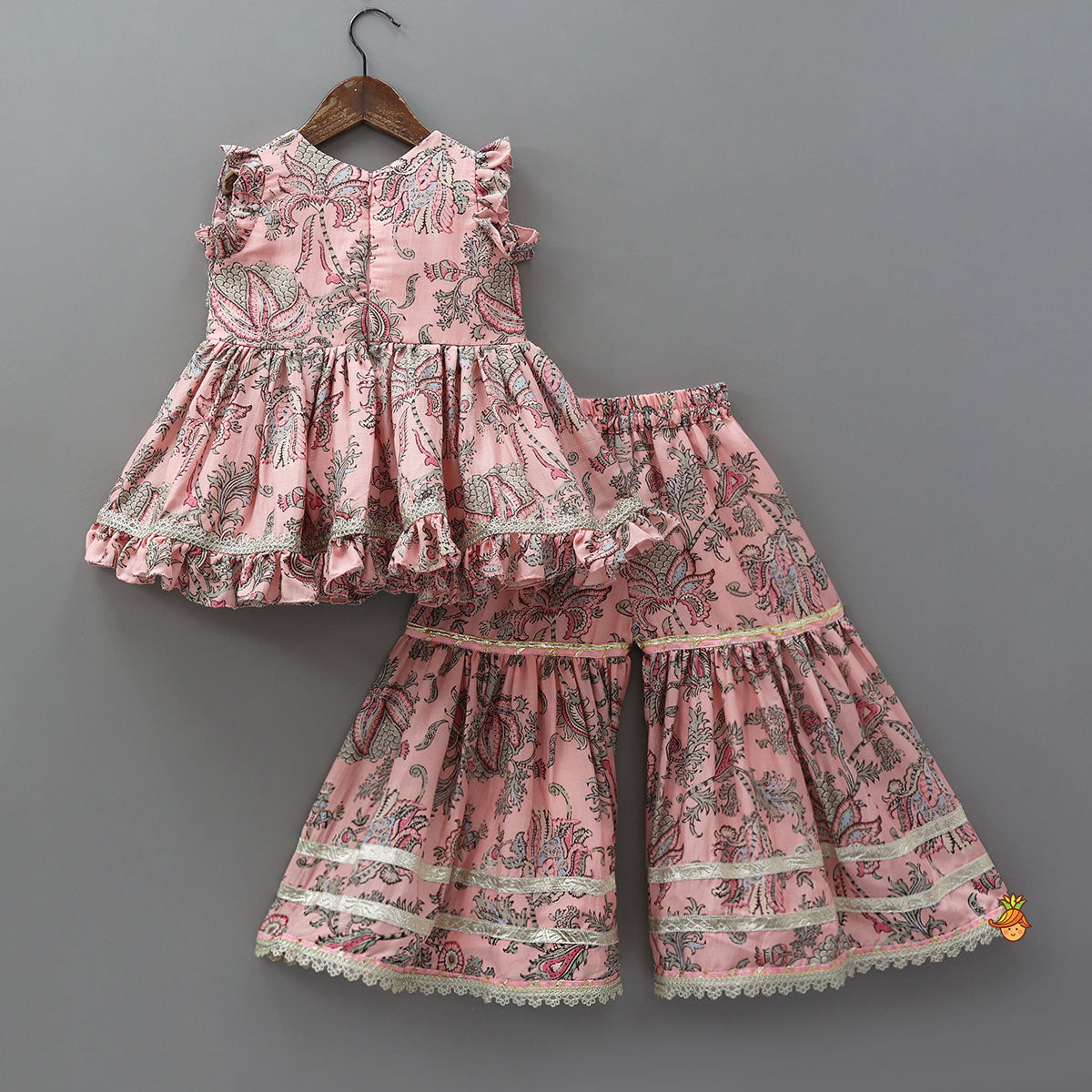 Pre Order: Printed Kurti With Sharara And Dupatta