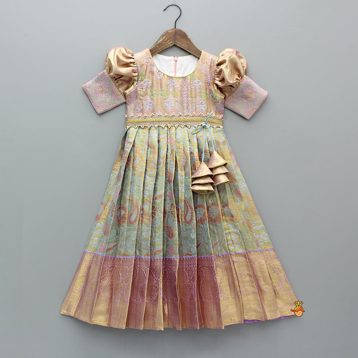 Pre Order: Elegant Brocade Puffed Sleeve Dress With Detachable Waistband