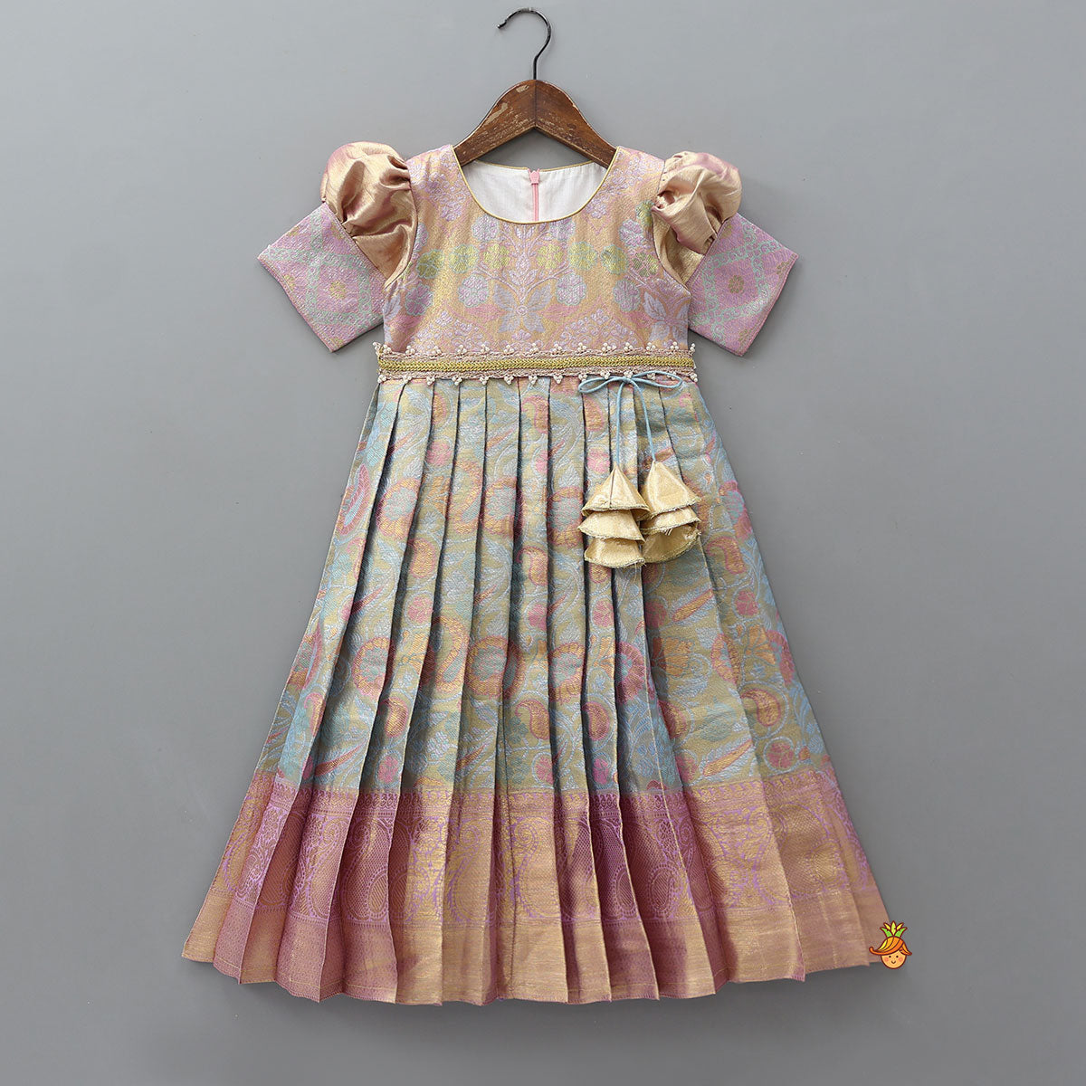 Pre Order: Elegant Brocade Puffed Sleeve Dress With Detachable Waistband