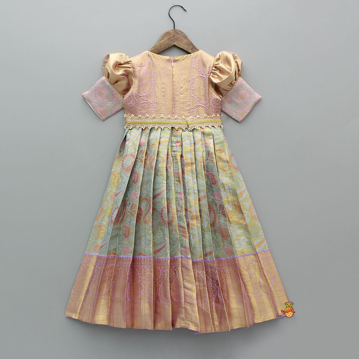 Pre Order: Elegant Brocade Puffed Sleeve Dress With Detachable Waistband