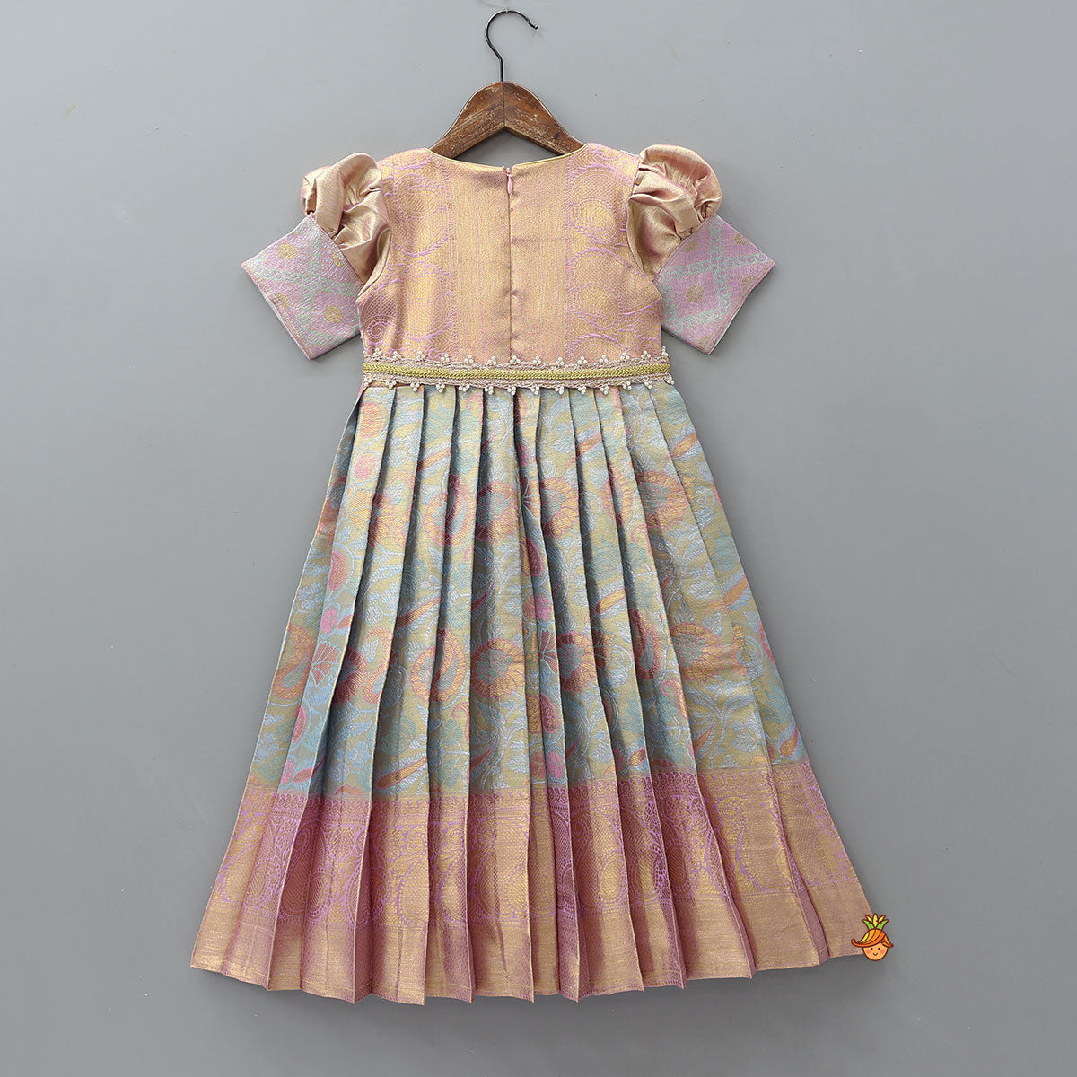 Pre Order: Elegant Brocade Puffed Sleeve Dress With Detachable Waistband