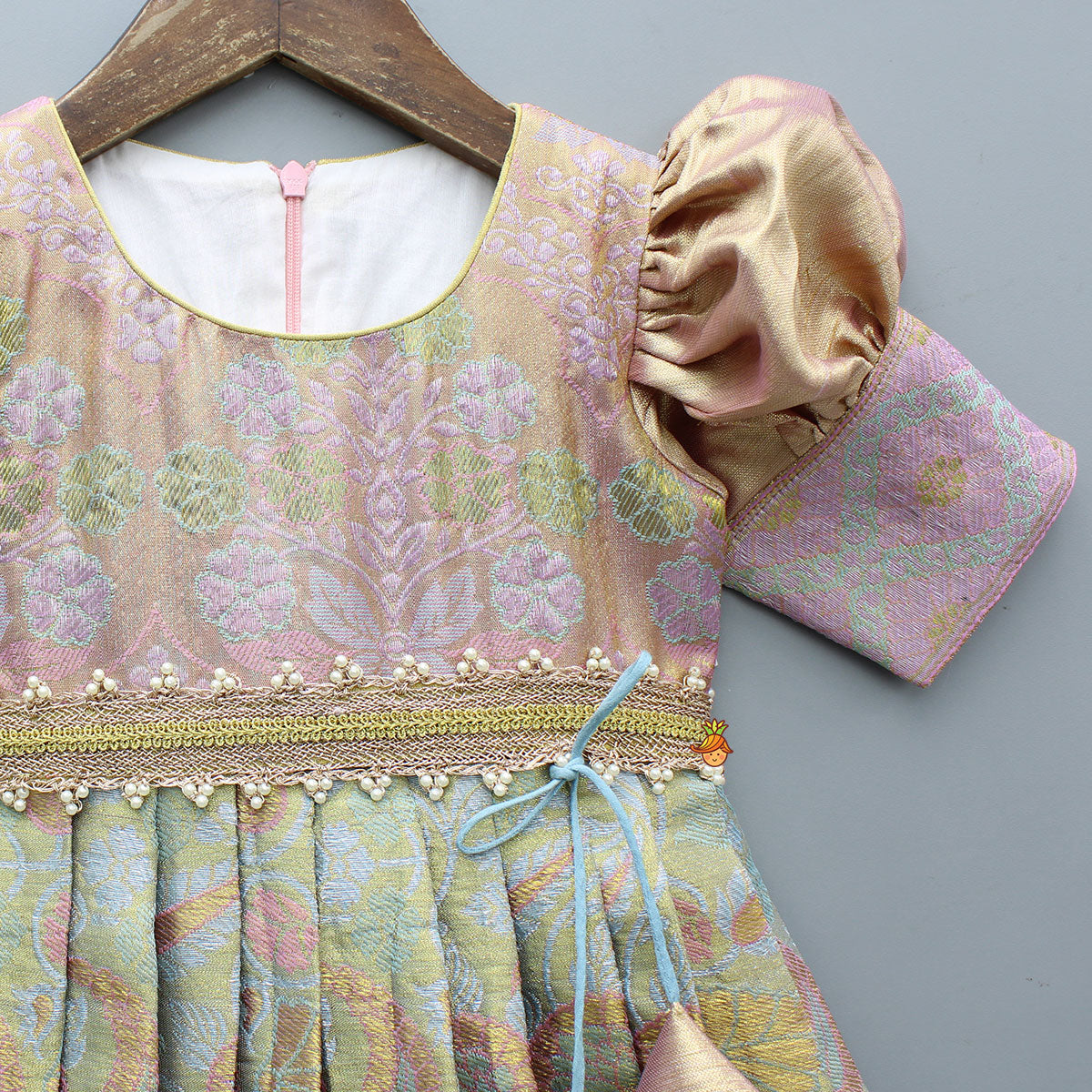 Pre Order: Elegant Brocade Puffed Sleeve Dress With Detachable Waistband