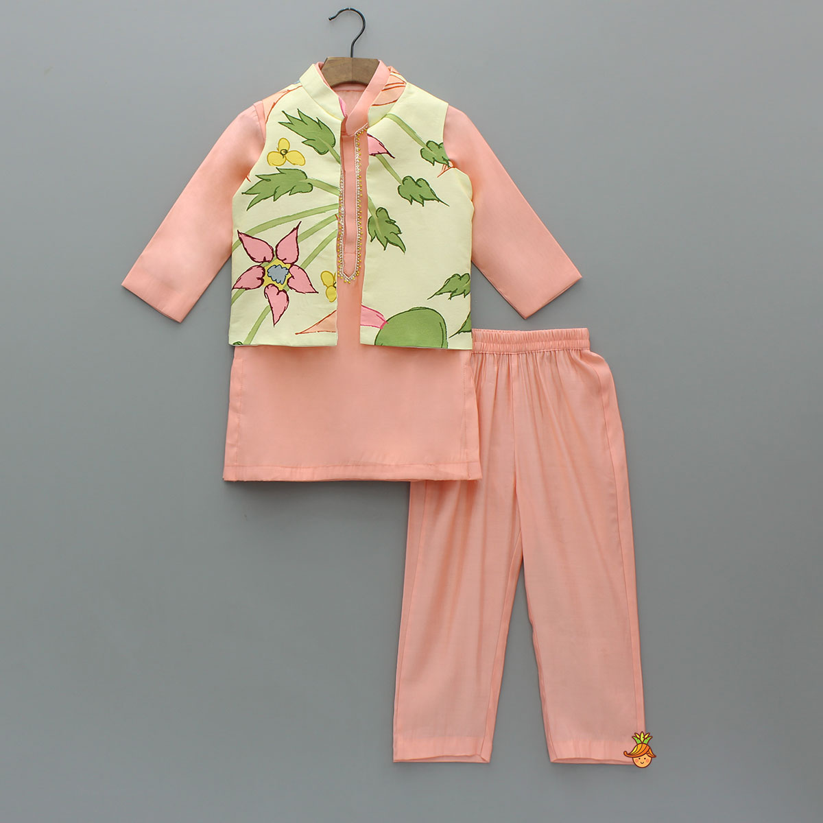 Pre Order: Ethnic Bead Detailed Kurta With Front Open Floral Jacket And Pyjama
