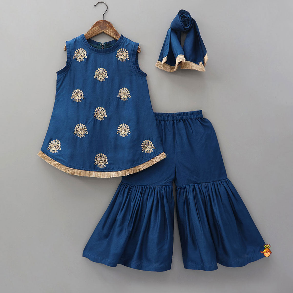 Pre Order: Pleat Detailed Zari Embroidered Kurti With Sharara And Dupatta